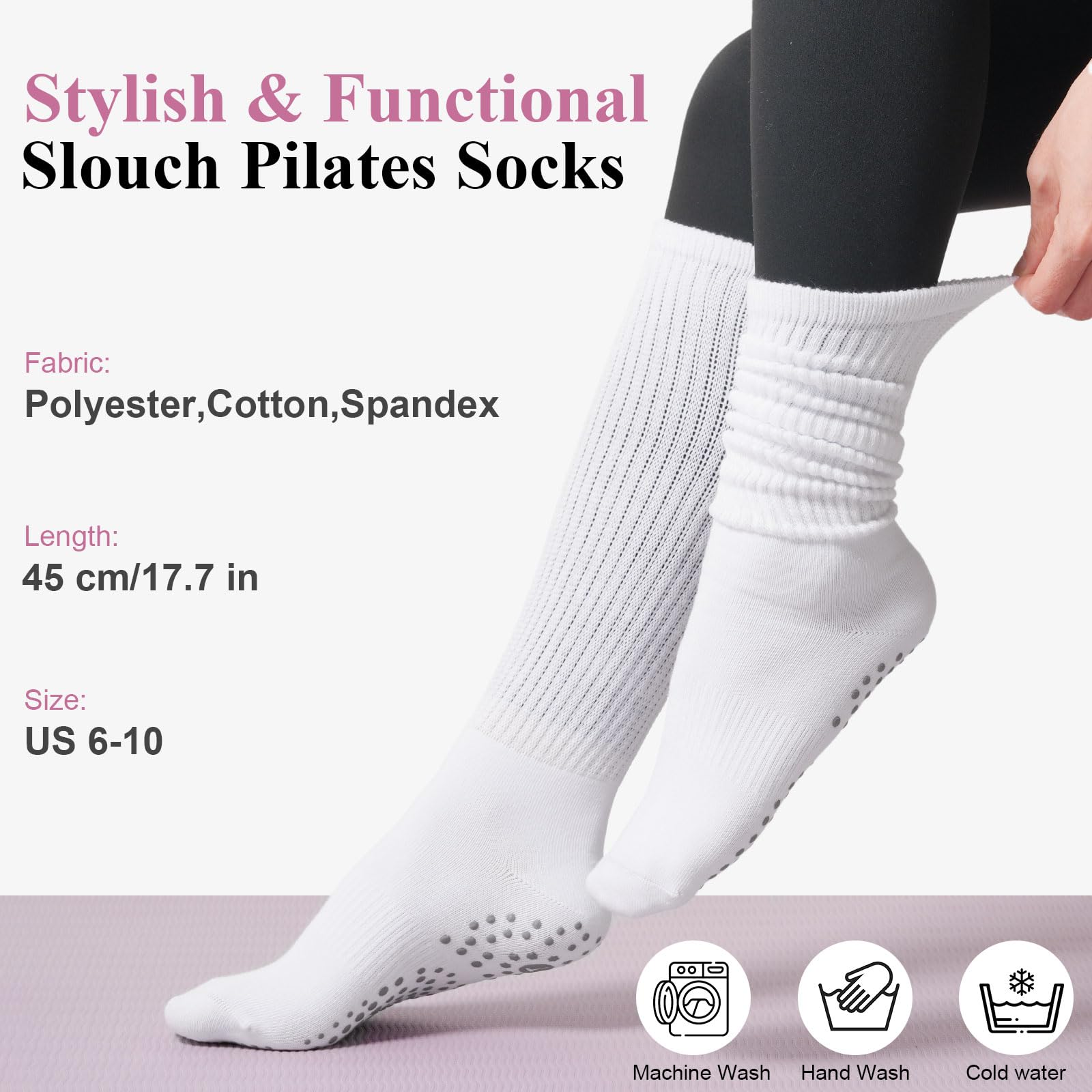 Grip Pilates Socks for Women - Non-Slip Yoga Socks with Toe Separators for Barre, Workout, Hospital, and Home Use - Long Scrunch Slipper Socks for Comfort and Safety