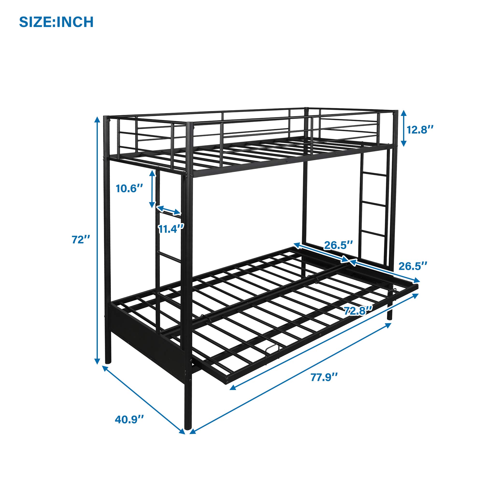 Convertible Metal Bunk Bed - Twin Over Full with Ladders & Guardrail for Kids' Bedroom