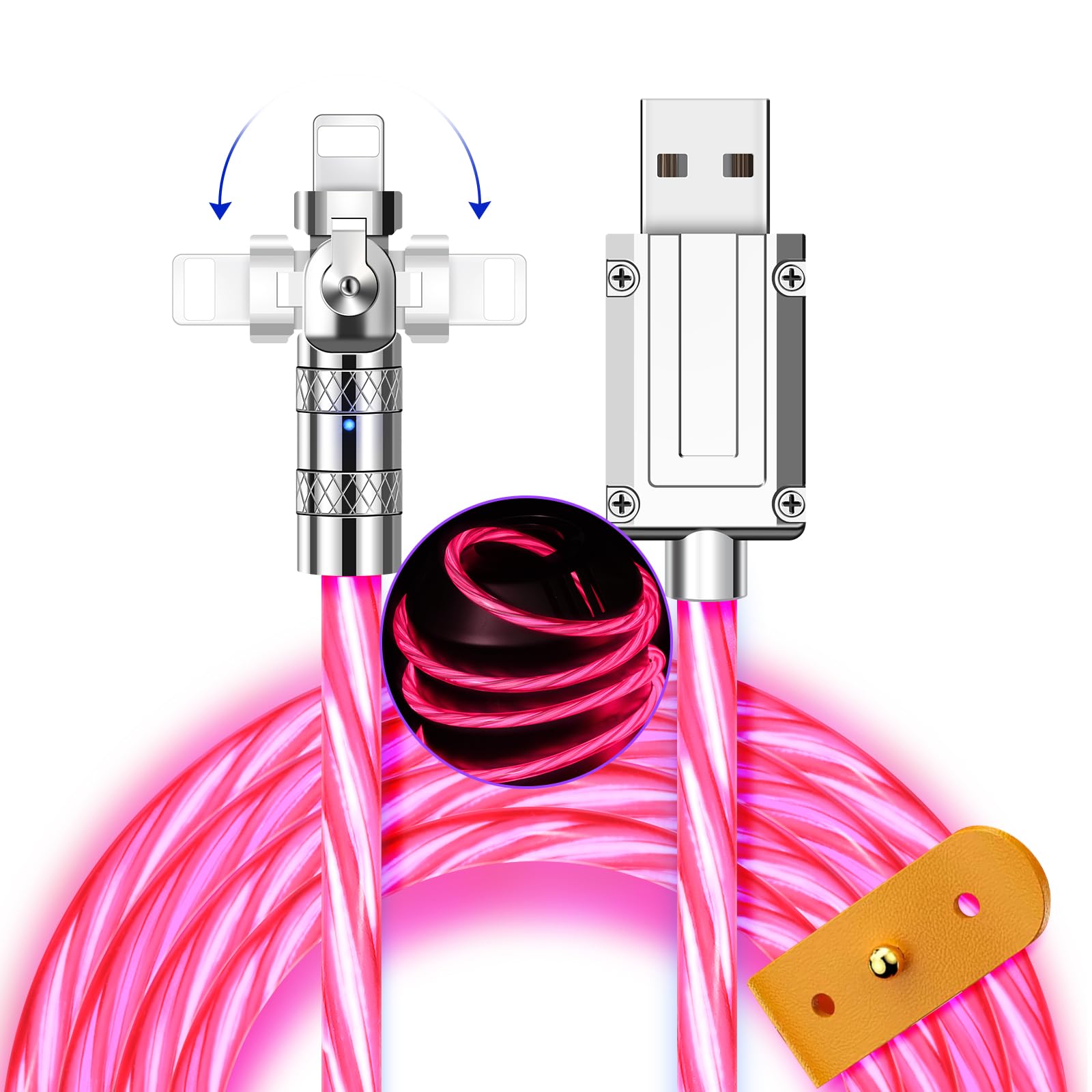 180° Rotating Fast Charging Lightning Cable 2M with LED Flowing Light - USB to Lightning Charger for iPhone 14/13/12/11/Pro Max/XS/XR/8/7/6 & iPad - Perfect for Home, Office & Travel Use