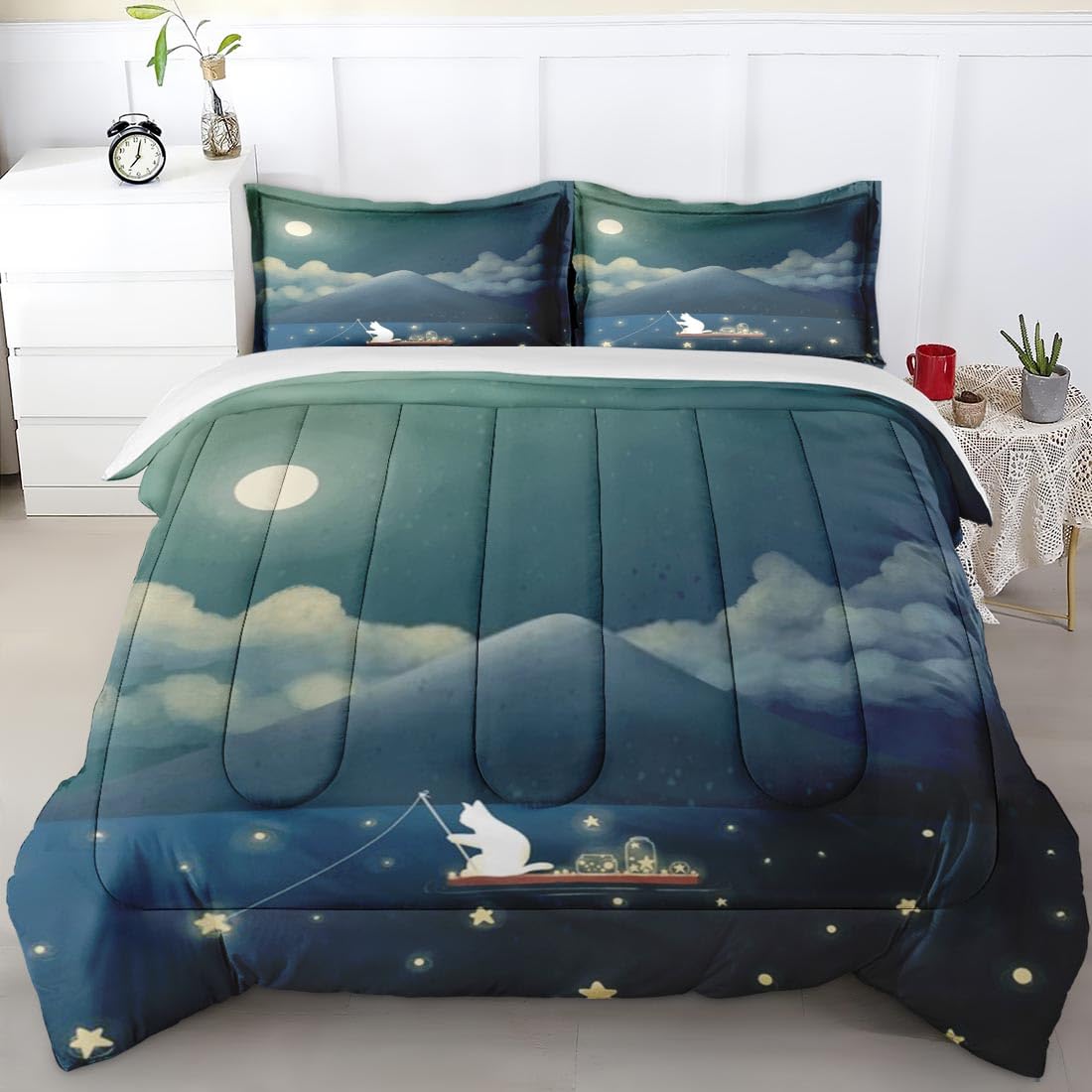 Cat Fishing Starry Sea Twin Size Comforter Set - Soft Winter Bedding for Kids & Adults, Includes Pillowcases - Perfect for Cozy Bedroom Decor & Themed Room Design