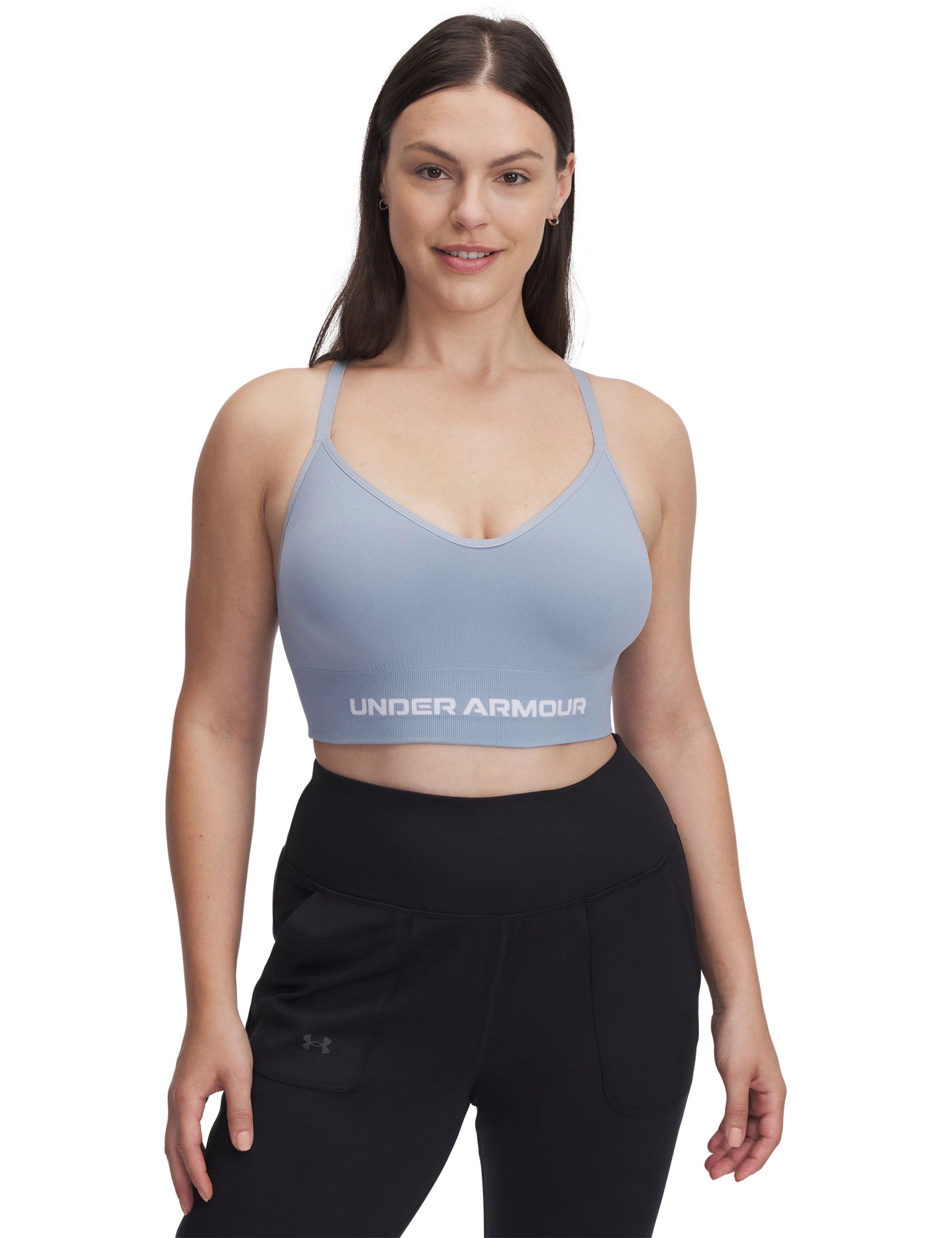 Vanish Seamless Low-Impact Sports Bra for Women - Breathable Workout Top in Harbor Blue & White - Perfect for Yoga, Running & Gym Activities