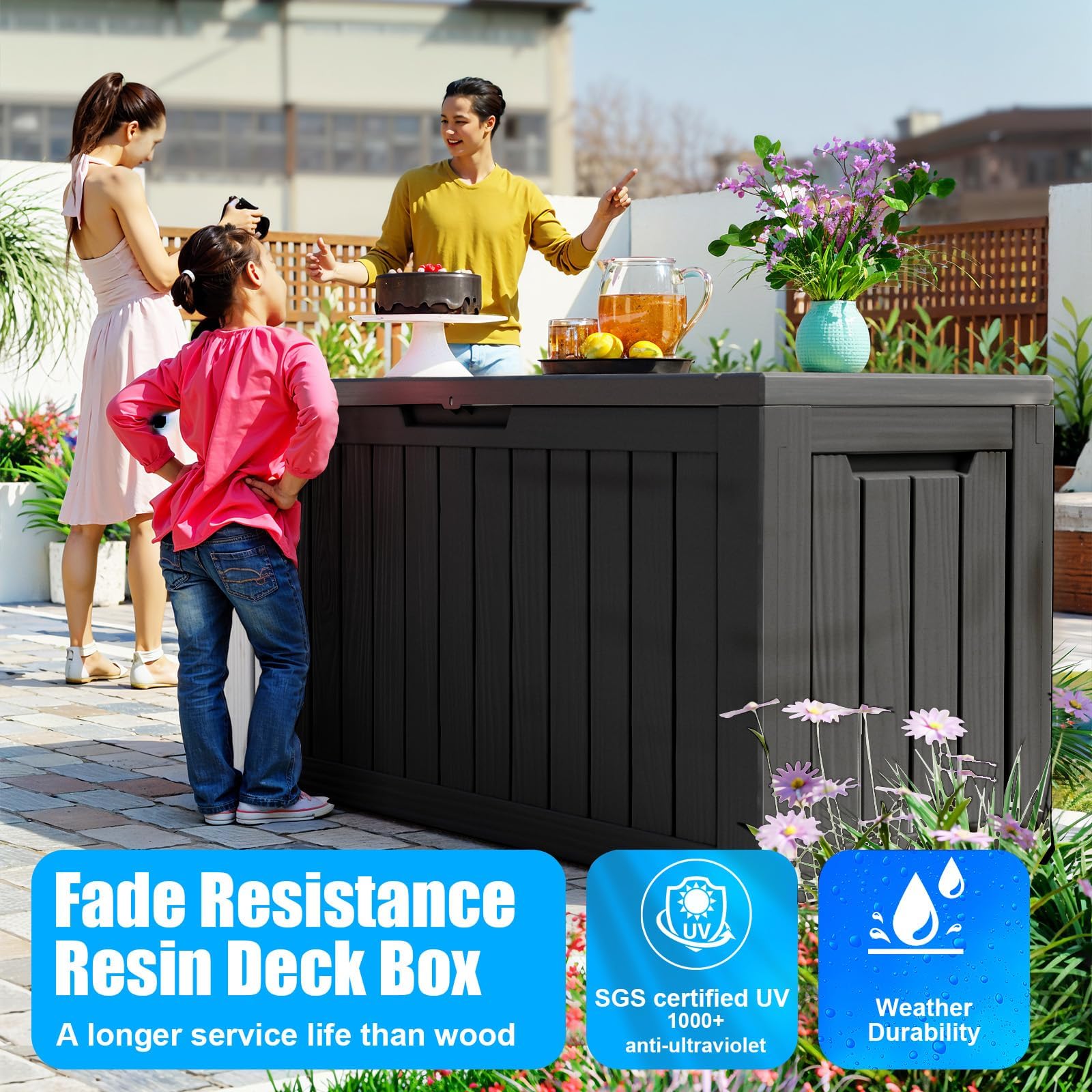 80 Gallon Resin Deck Storage Box - Waterproof, UV-Resistant & Lockable Outdoor Container for Patio Furniture Cushions, Pool Supplies, Garden Tools & Sports Equipment - Perfect for Backyard, Poolside & Garage Organization