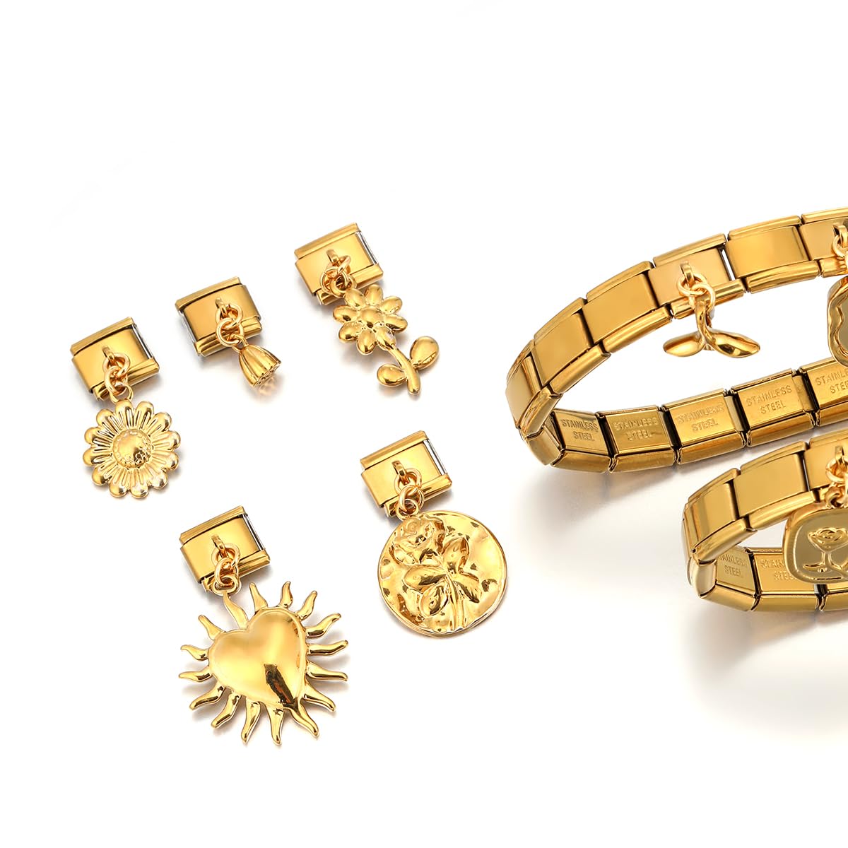 Gold Italian Charm Bracelet Set for Women - DIY Handmade Jewelry with Starter Bracelet, Assorted Charms & Opening Tools | 9mm Modular Gold Link Bracelet for Everyday Wear, Gifts & Special Occasions