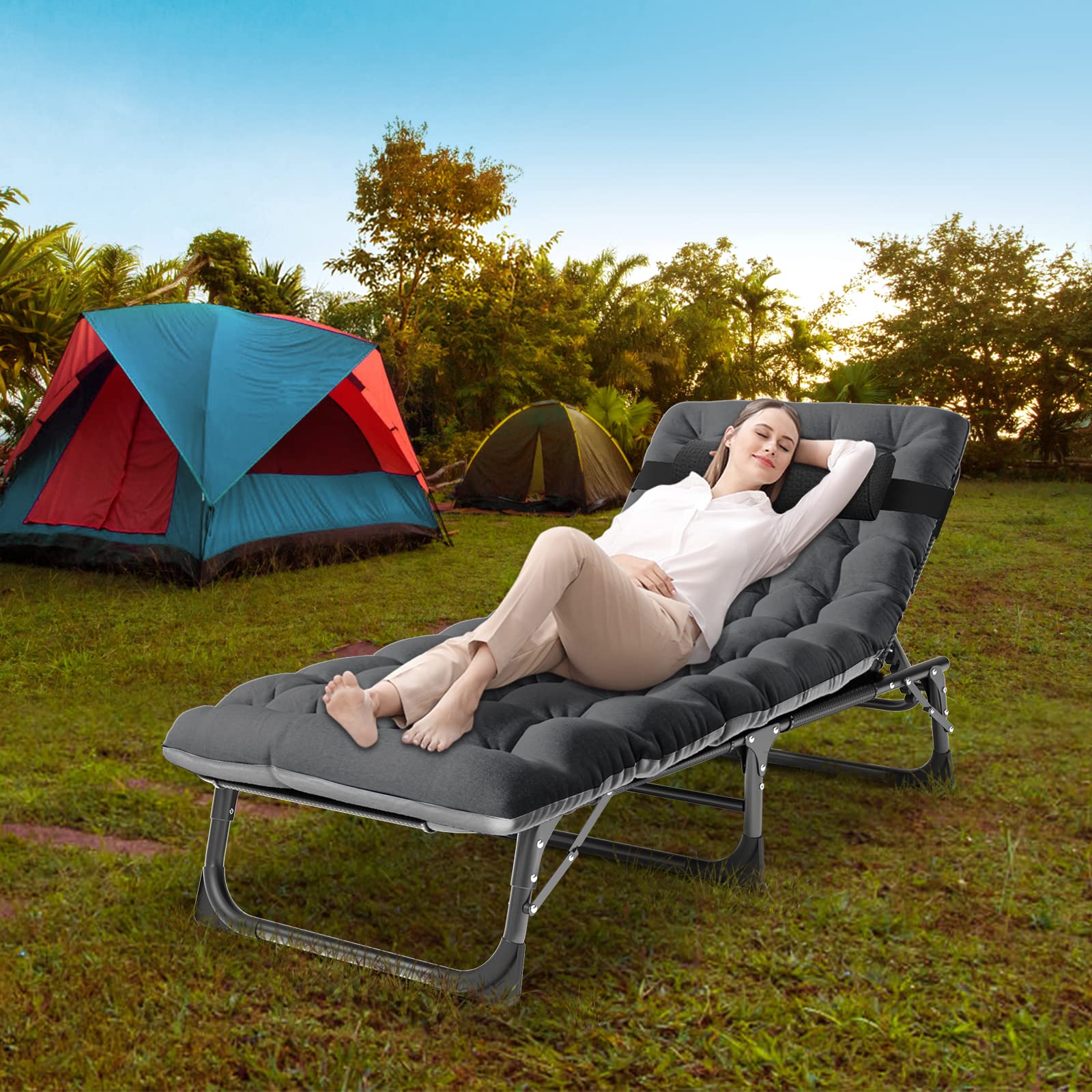 DoCred 5-Position Adjustable Folding Lounge Chair with Mattress - Portable Sleeping Bed Cot for Outdoor Sunbathing, Camping, Beach, Poolside & Patio Relaxation - Perfect for Backyard, Travel & Picnic Use