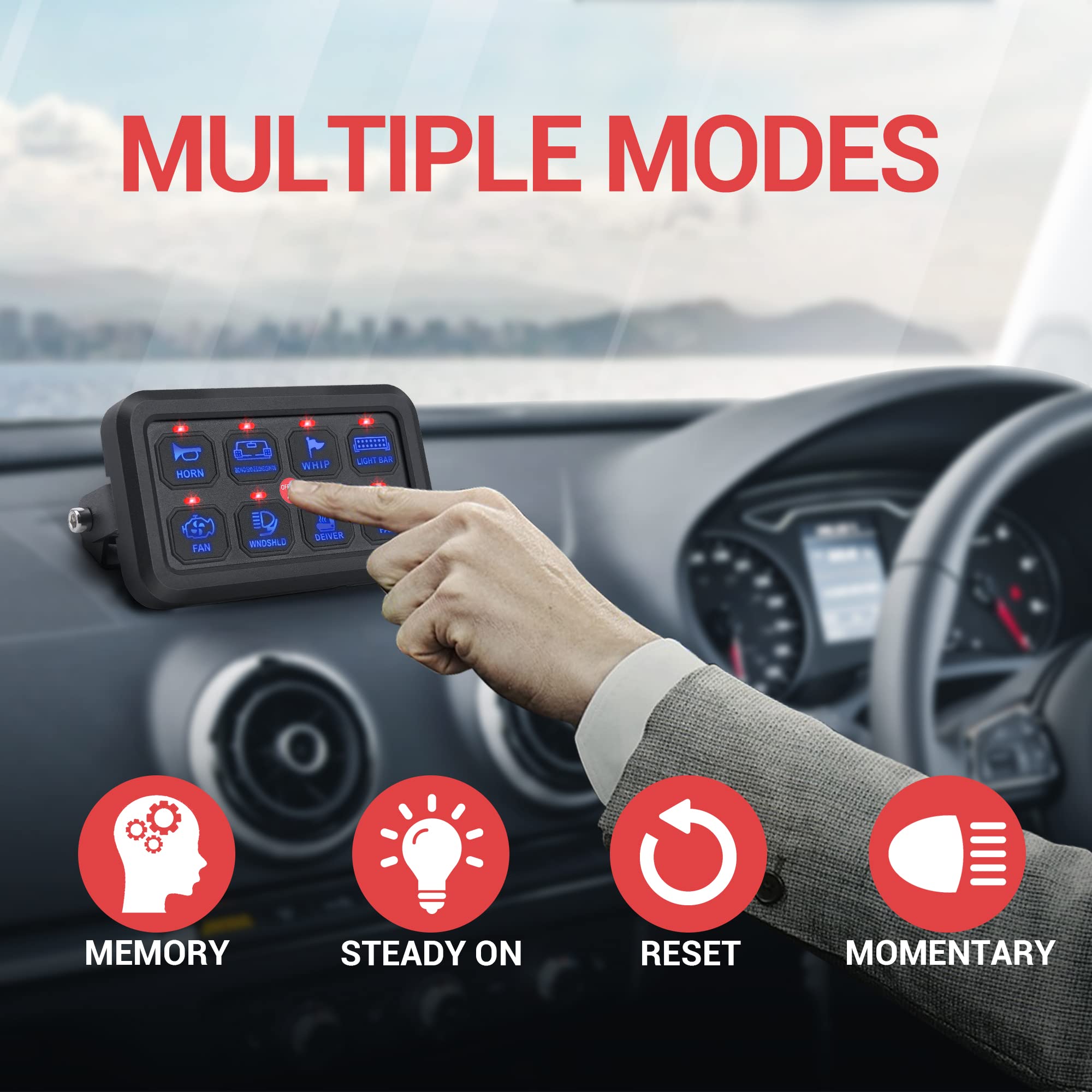 8 Gang Switch Panel with Blue LED Touch Control - Universal Momentary Switch Box with Fuse Block & Labels for Truck, ATV, UTV, Marine, Caravan - Perfect for Off-Road, Boating & RV Customization