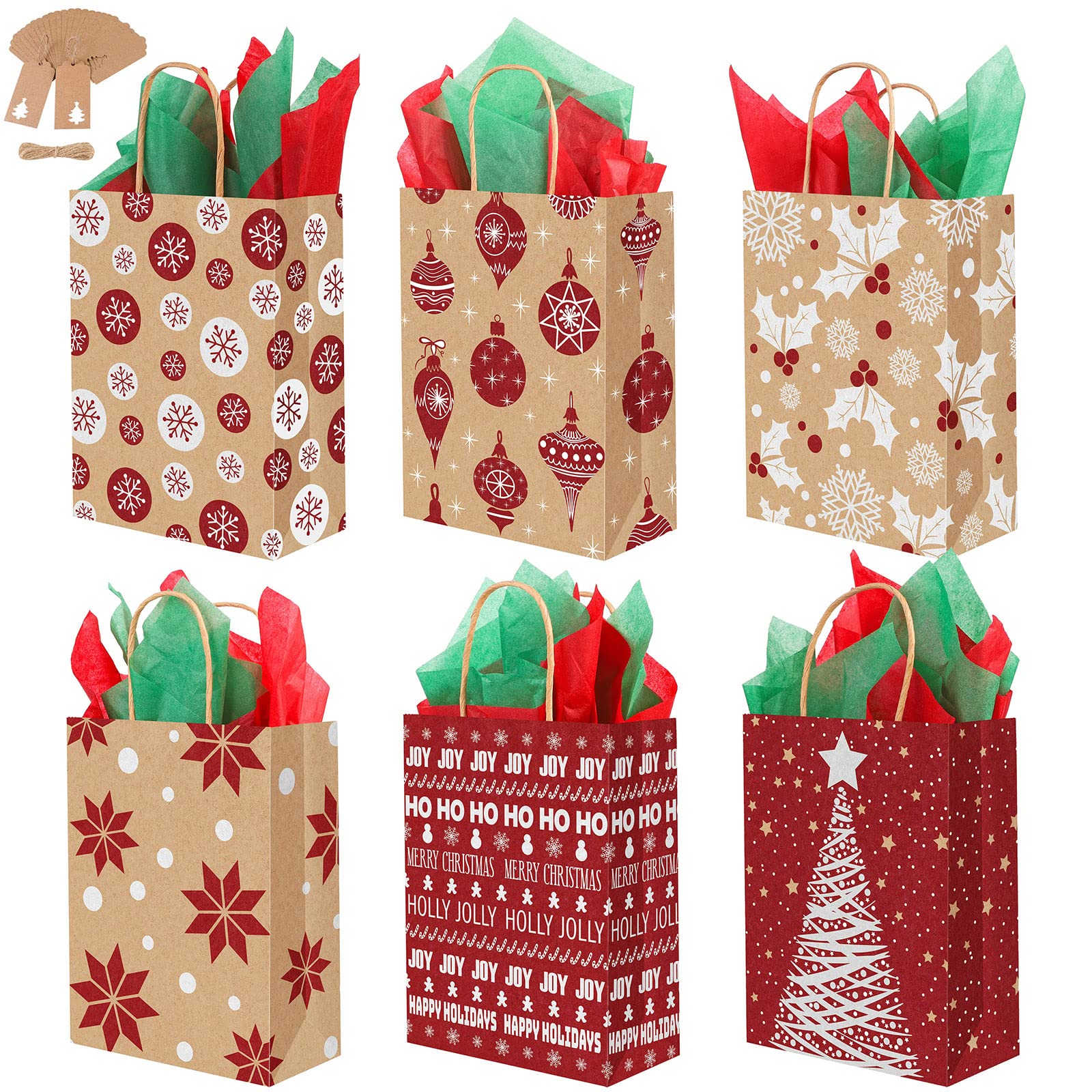 Christmas Kraft Gift Bags 24-Pack with Handles & Tags - Holiday Party Favors