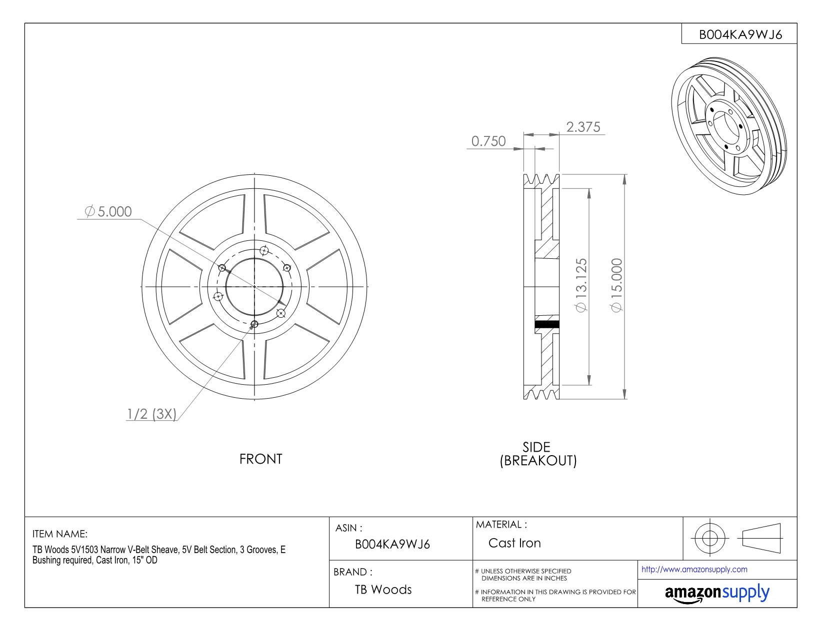 5V4653 Narrow V-Belt Sheave - 5V Belt Section, 3 Grooves, SDS Bushing Required, Cast Iron, 4.65