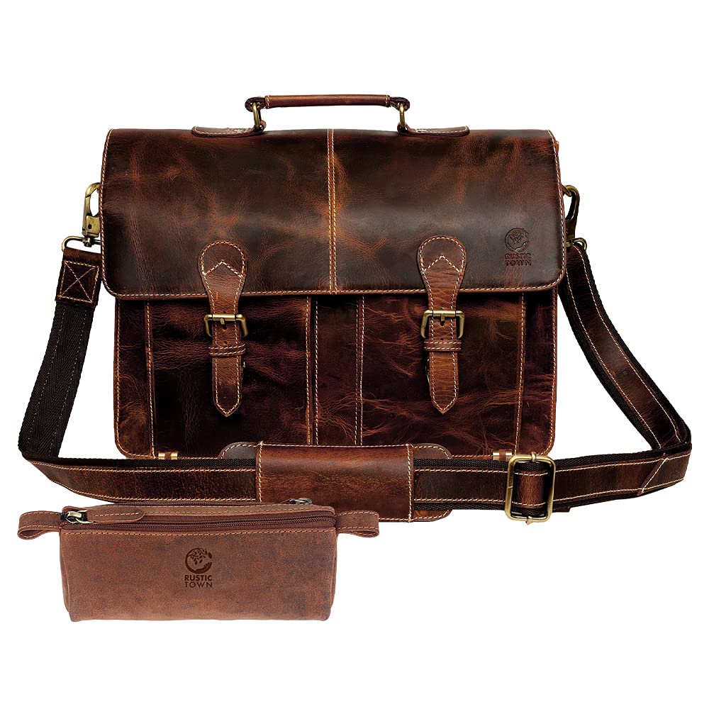Premium Genuine Leather Laptop Briefcase - Professional Messenger Bag with Pen/Pencil Holder for Business, Office & School - Durable Work Bag for Men & Women (Brown) - Perfect for Business Travel, Commuting & Daily Office Use