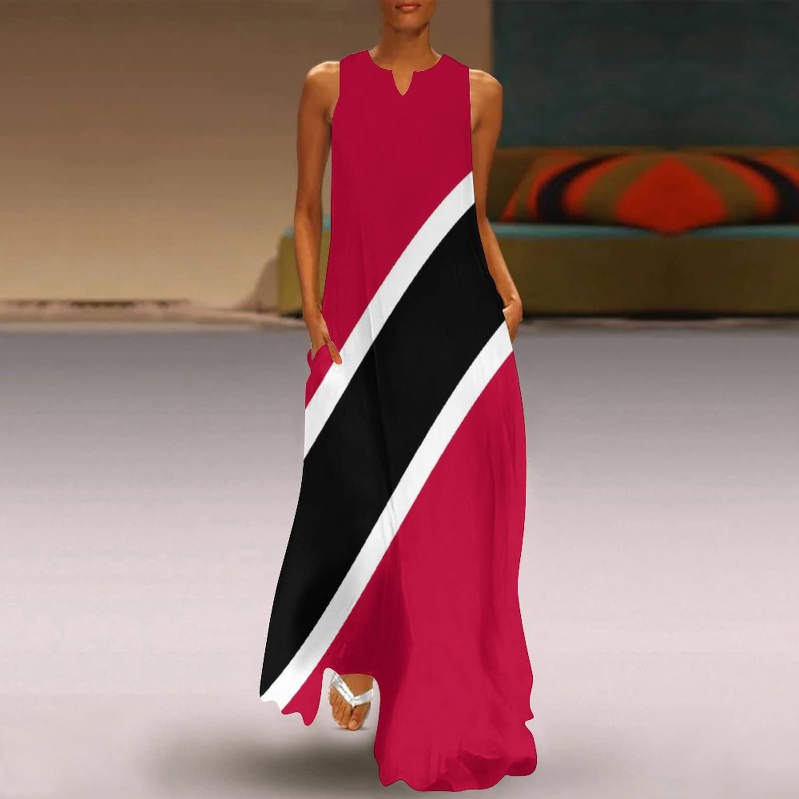 Women's Long Summer Dress with Trinidad and Tobago Flag Print - Casual V-Neck Shift Dress for Beach, Vacation & Patriotic Events