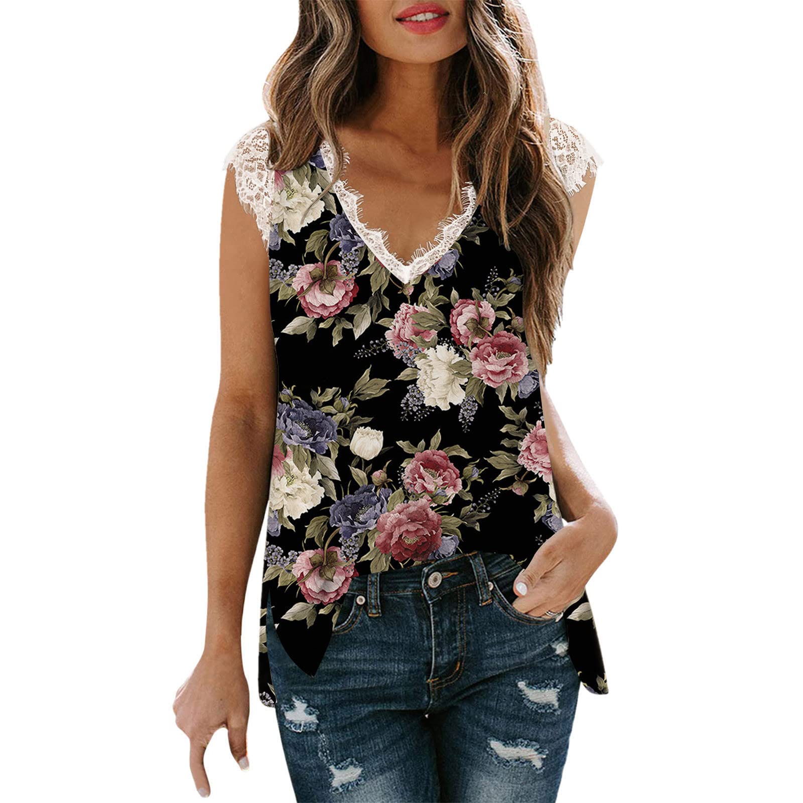 Women's V-Neck Lace Tank Tops - Summer Casual Sleeveless Shirts with Side Split - Breathable Camisole for Dance, Yoga & Beach Wear