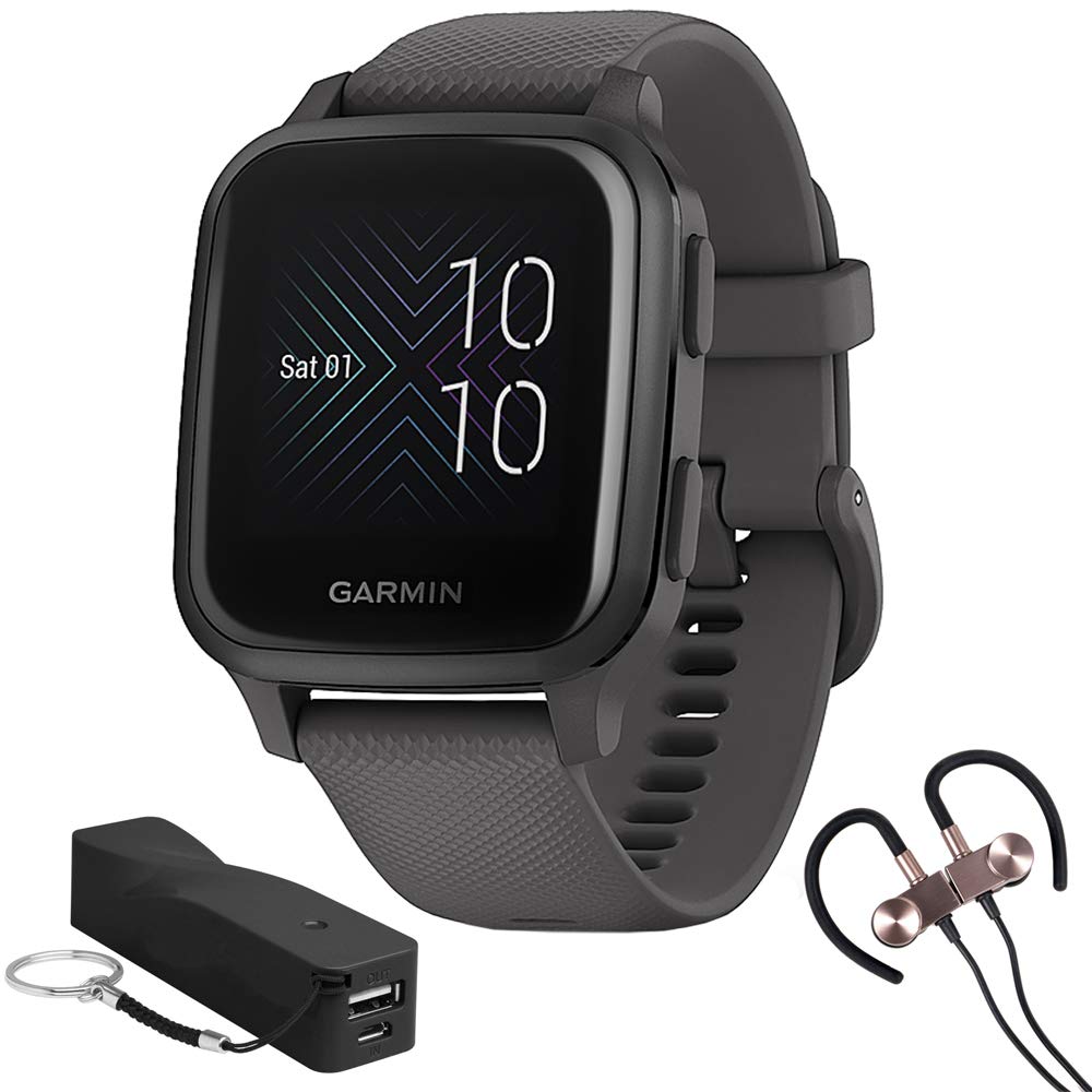 Garmin Venu Sq Smartwatch - Slate Aluminum Bezel, Shadow Gray Case with Silicone Band | Includes Deco Essentials Portable Keychain Charger & Magnetic Wireless Earbuds | Fitness Tracking, Music Playback & All-Day Wear for Running, Gym & Outdoor Activities