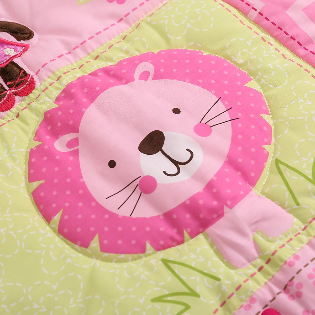 Brandream 3-Piece Baby Girl Crib Bedding Set | Pink Jungle Nursery Collection with 3D Elephant, Lion & Zoo Animals - Soft Cotton Crib Sheets for Nursery Decor & Baby Shower Gifts