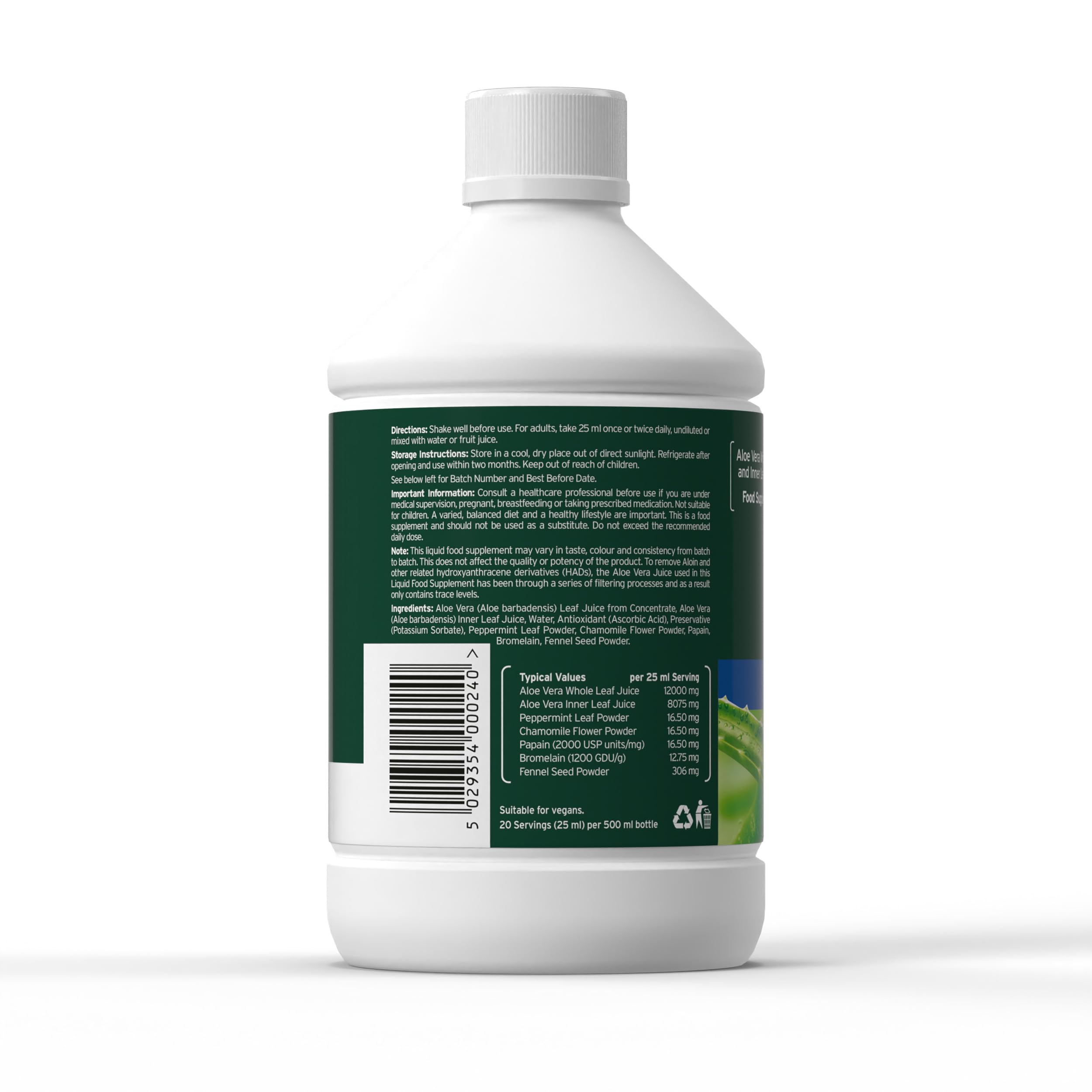 Aloe Vera Juice with Peppermint & Chamomile - Natural Digestive Support, Vegan & Cruelty-Free, 500ml - Contains Papain & Bromelain Enzymes - Perfect for Gut Health & Daily Wellness