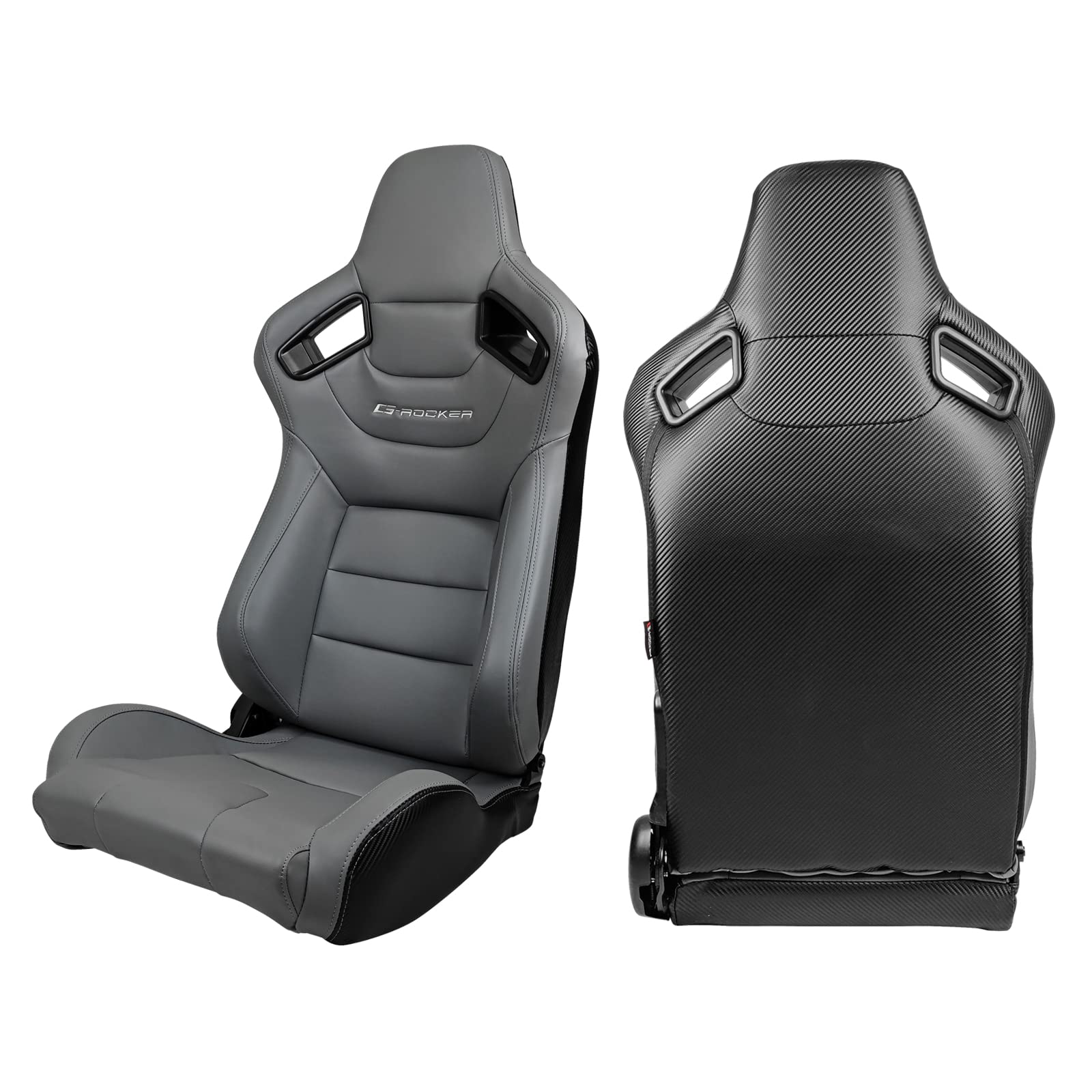FREEMOTOR802 Universal Racing Seats - Reclinable Sport Car Seats with Dual Lock Sliders, Adjustable Bucket Seats (1 Pair for Driver & Passenger) - PU & Carbon Fiber Fabric in Gray with Logo - Perfect for Racing, Drifting & Performance Car Upgrades