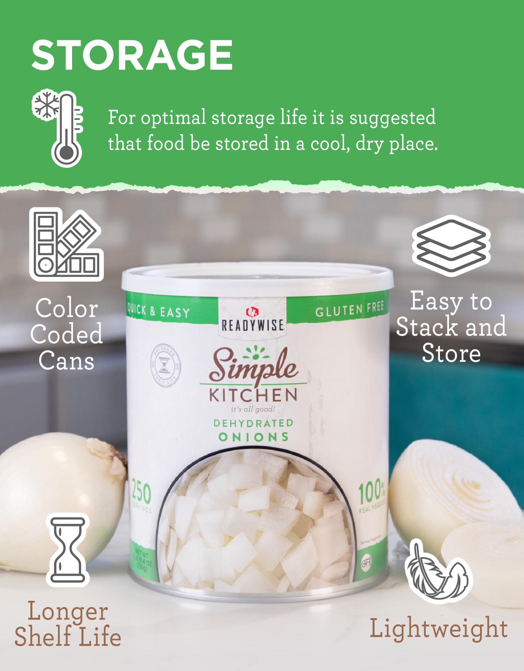 ReadyWise Freeze Dried Chopped Onions - 250 Servings, Gluten Free Emergency Food Supply in #10 Can for Camping, Survival & MRE - Long Shelf Life Dehydrated Onions for Cooking, Baking & Food Storage