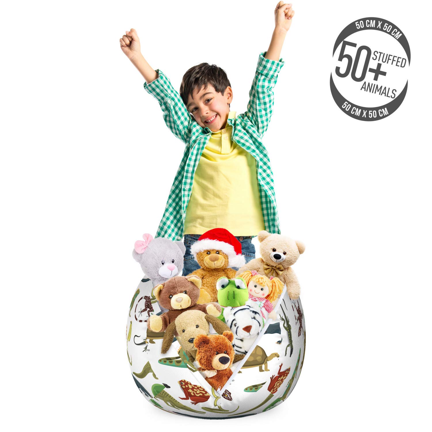 Lunarable Animal Print Storage Toy Bag Chair - Cartoon Reptiles & Amphibians Pattern (Snake, Frog, Lizard, Gator, Tortoise) | Washable Stuffed Animal Organizer | Small Size in White & Yellow | Perfect for Kids' Room Organization & Playroom Storage