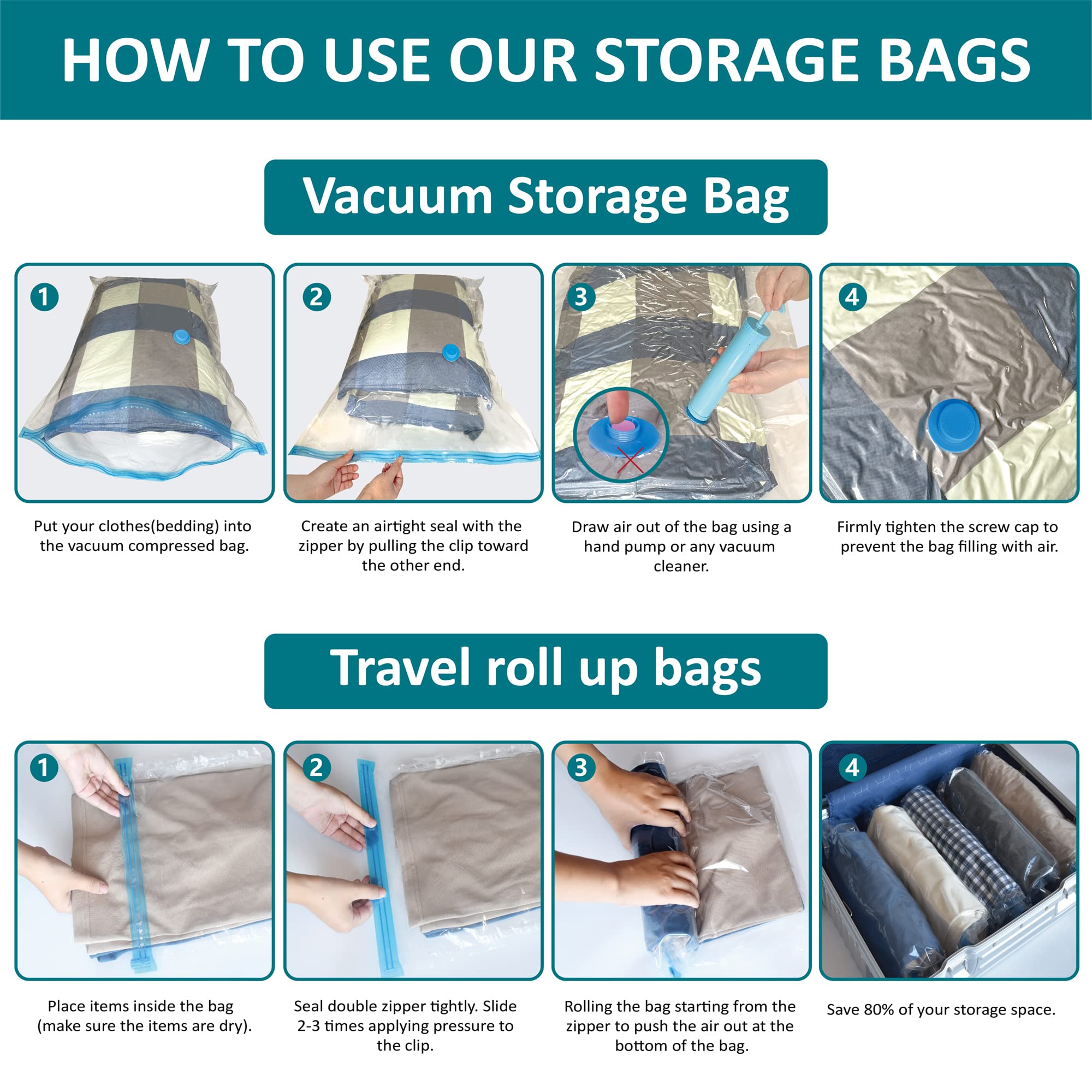 30 Pack Space Saver Vacuum Storage Bags (6 Jumbo/6 Large/6 Medium/6 Small/6 Roll) - Compression Bags for Clothes, Comforters, Blankets & Seasonal Storage - Includes Hand Pump - Perfect for Travel, Moving & Home Organization