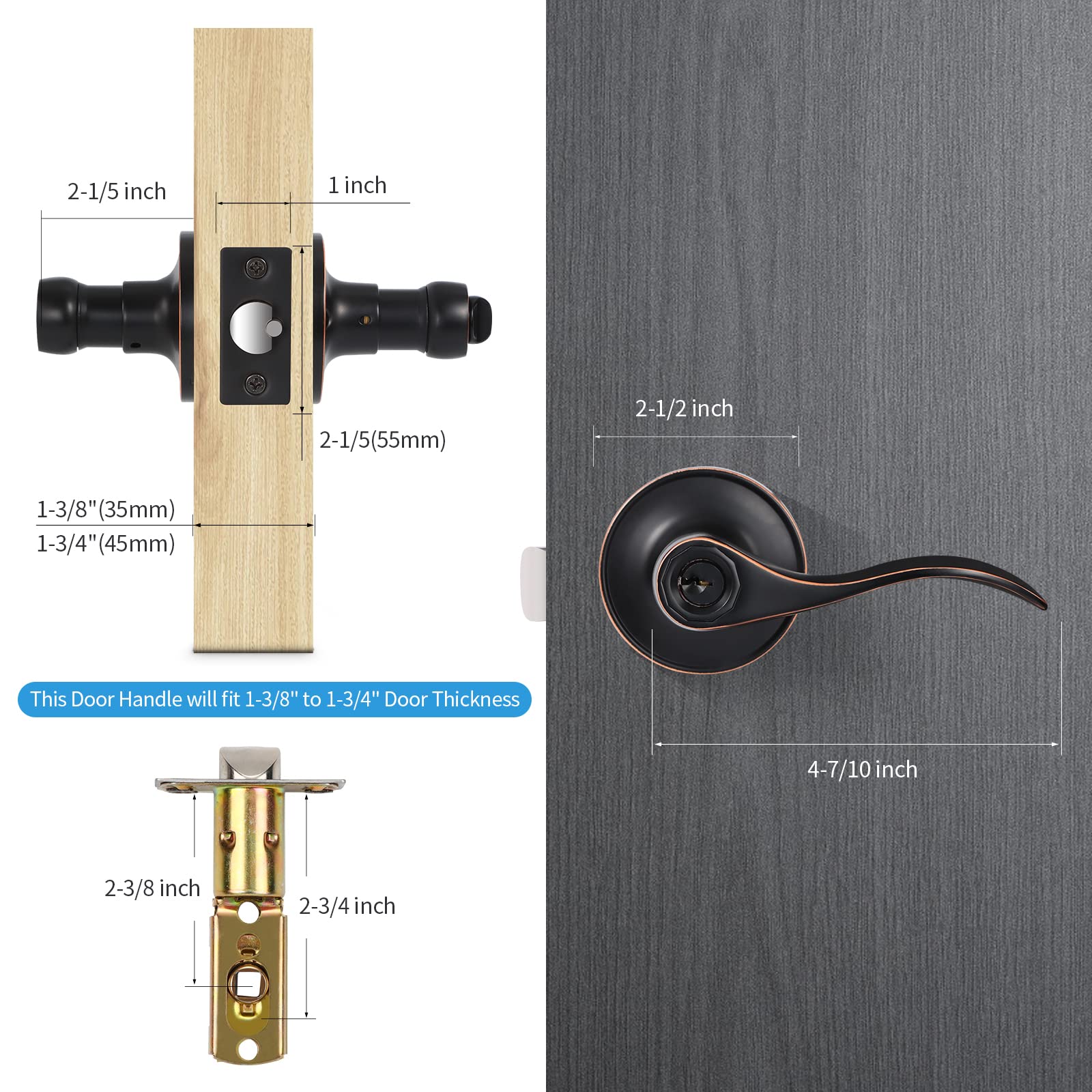10 Pack Interior Door Handles with Lock and Keys - Keyed Alike Bedroom & Bathroom Door Knobs Set - Oil Rubbed Bronze Finish - Right/Left Handed Lever Door Locks for Home, Office & Apartment Security