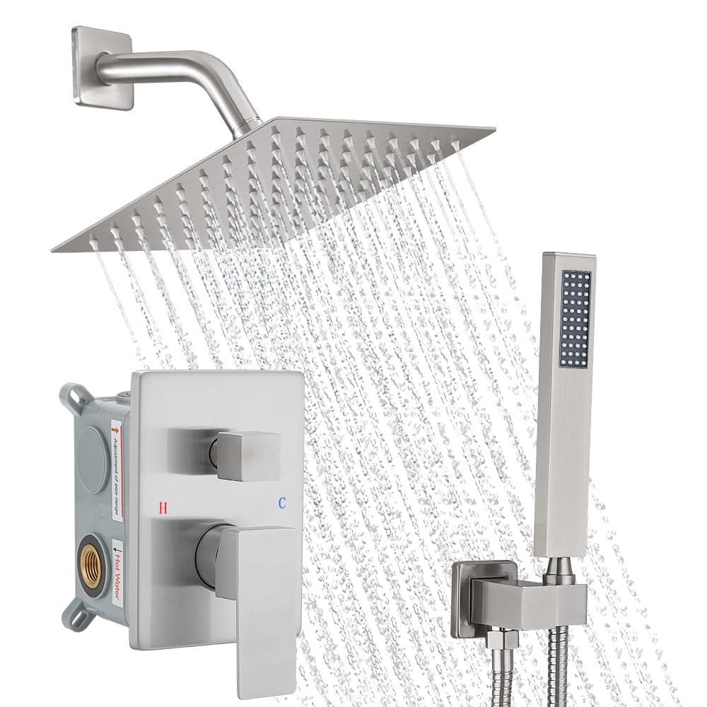 Brushed Nickel Shower System - 8 Inch High Pressure Rainfall Showerhead with Handheld Sprayer, Wall Mounted Bathroom Faucet Set with Rough-in Valve & Trim Kit | Perfect for Master Bath, Spa-Like Shower Experience & Modern Home Renovation
