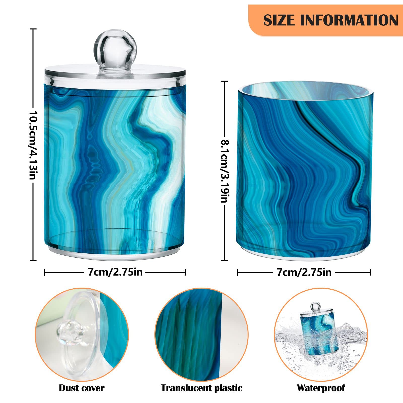 4 Pack Blue Marble Q-Tip Holder Organizer & Dispenser - Bathroom Vanity Storage Canisters for Cotton Swabs, Pads, Floss | Apothecary Jars for Countertop, Medicine Cabinet & Makeup Station Organization