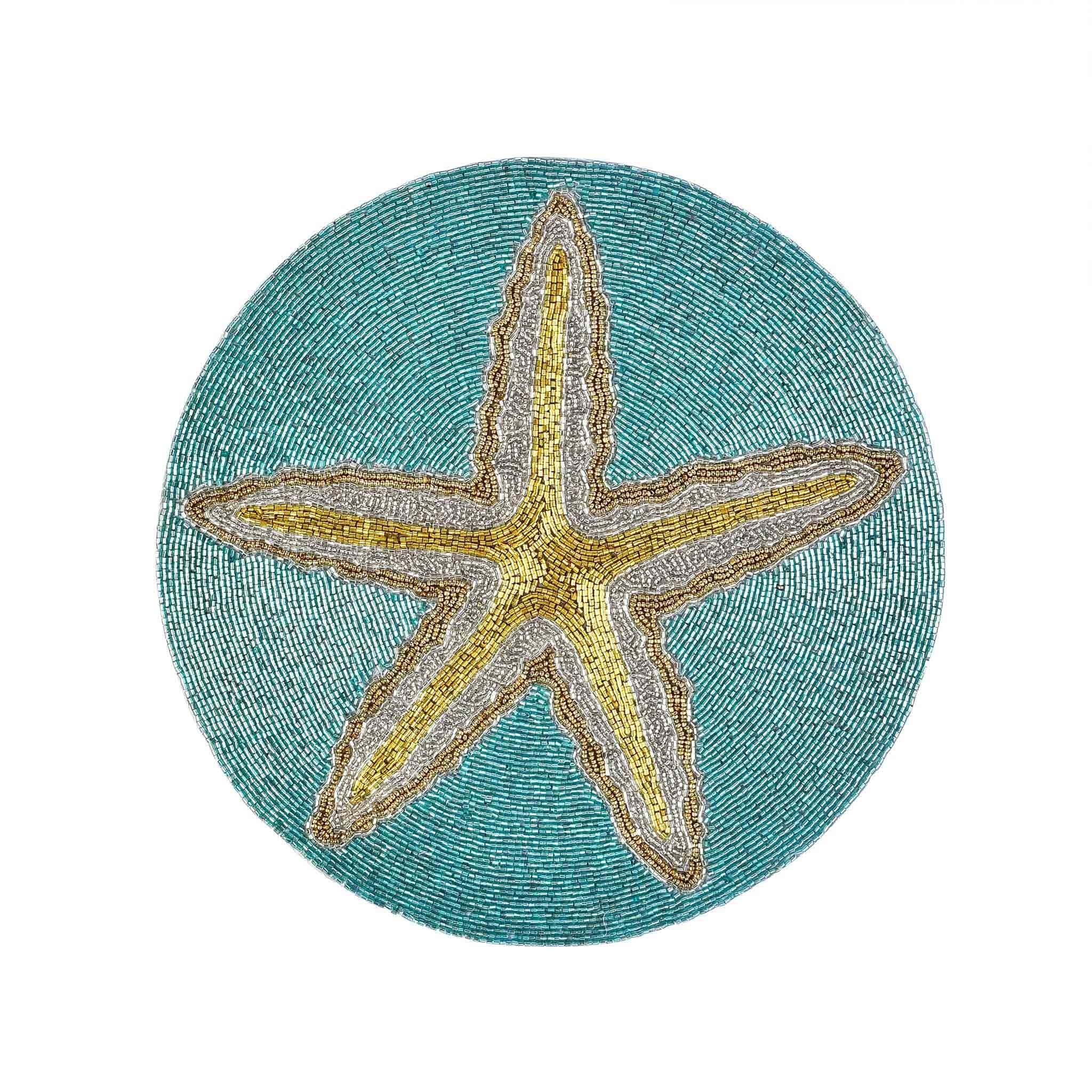 Ringo Starfish Beaded Placemat Set of 2 - Teal & Gold Coastal Decor for Dining Table, Beach House, or Summer Entertaining