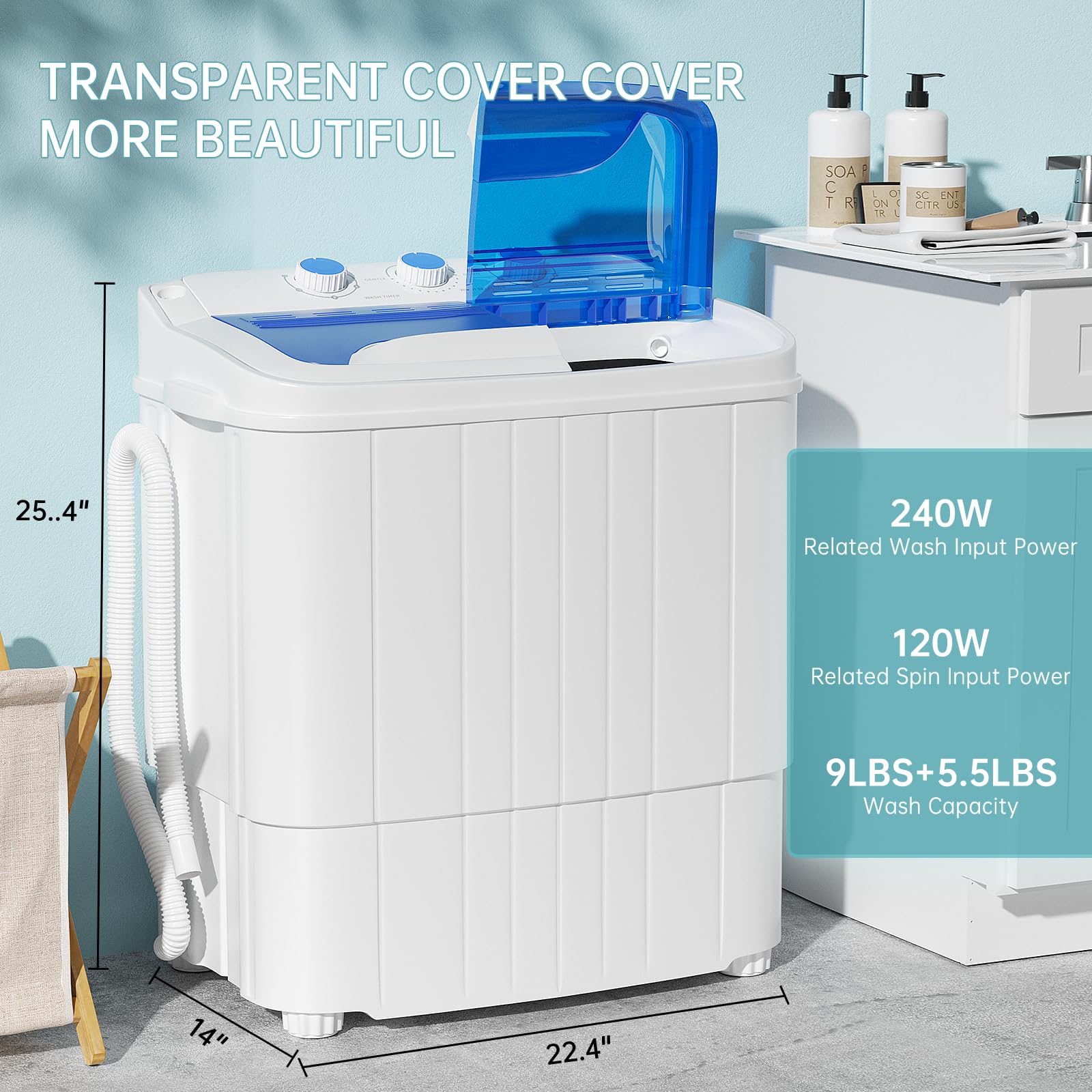 Superday 2-in-1 Portable Washing Machine with Spin Dryer - 15lbs Compact Mini Twin Tub Washer for Camping, Apartments, Dorms, RV & Delicates - Blue | Perfect for Small Spaces & Travel Laundry Needs
