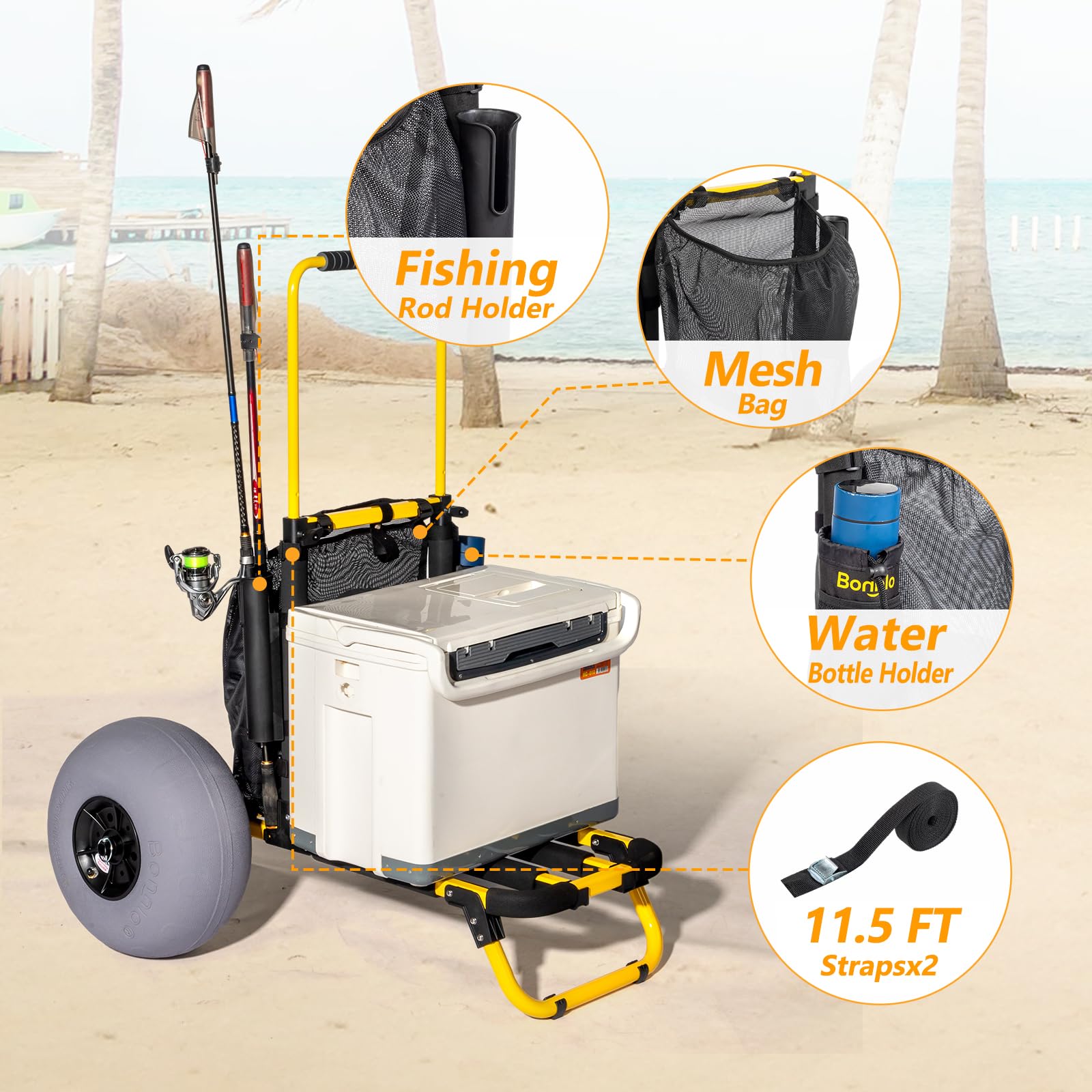 Bonnlo Beach Fishing Cart - Heavy Duty Foldable Beach Wagon with 12