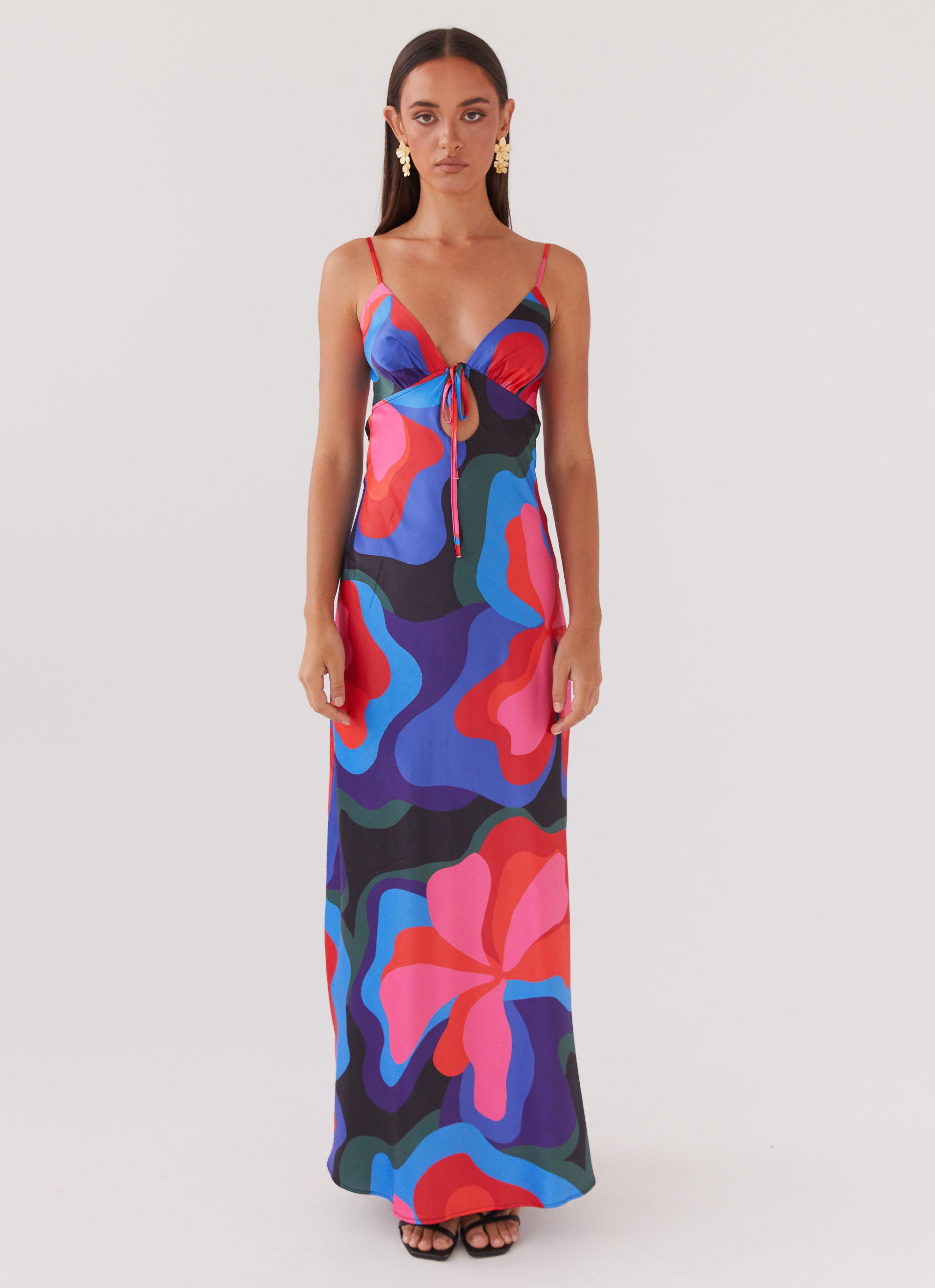 Flora Satin Maxi Dress - Floral Fantasy Women's Elegant Long Dress for Summer, Beach, Weddings & Special Occasions