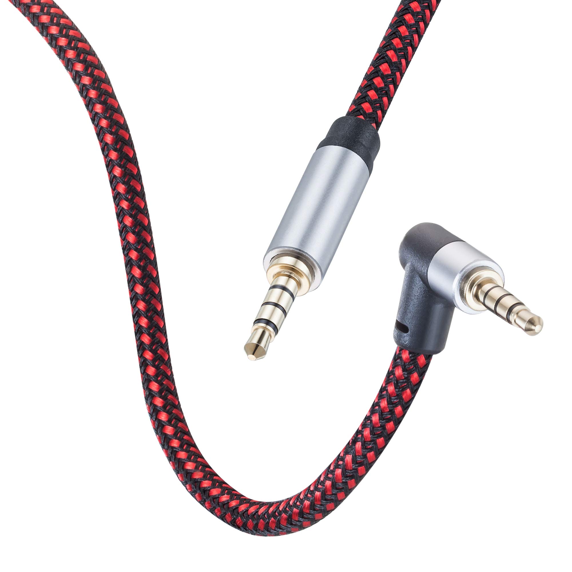 25Ft Male to Male TRRS 3.5mm Audio Cable - 90 Degree Nylon Braided Stereo Auxiliary Cord for Headphones, Gaming Headsets, Smartphones, Tablets, PS4, PC & Laptop - Perfect for Gaming, Music Streaming & Home Theater Systems