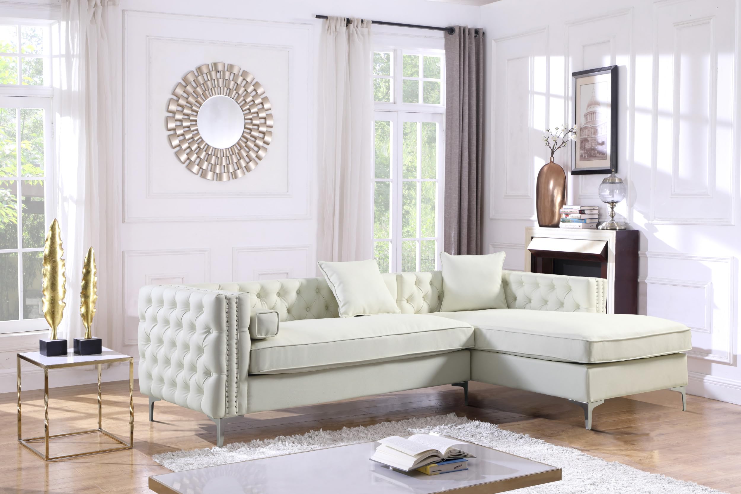 Iconic Home Da Vinci Left-Facing L-Shaped Sectional Sofa with Chaise - PU Leather, Button Tufted, Silver Nailhead Trim, Metal Legs & 3 Accent Pillows - Modern Contemporary Cream Sofa for Living Room, Lounge & Entertainment Spaces (FSA2902-AN)