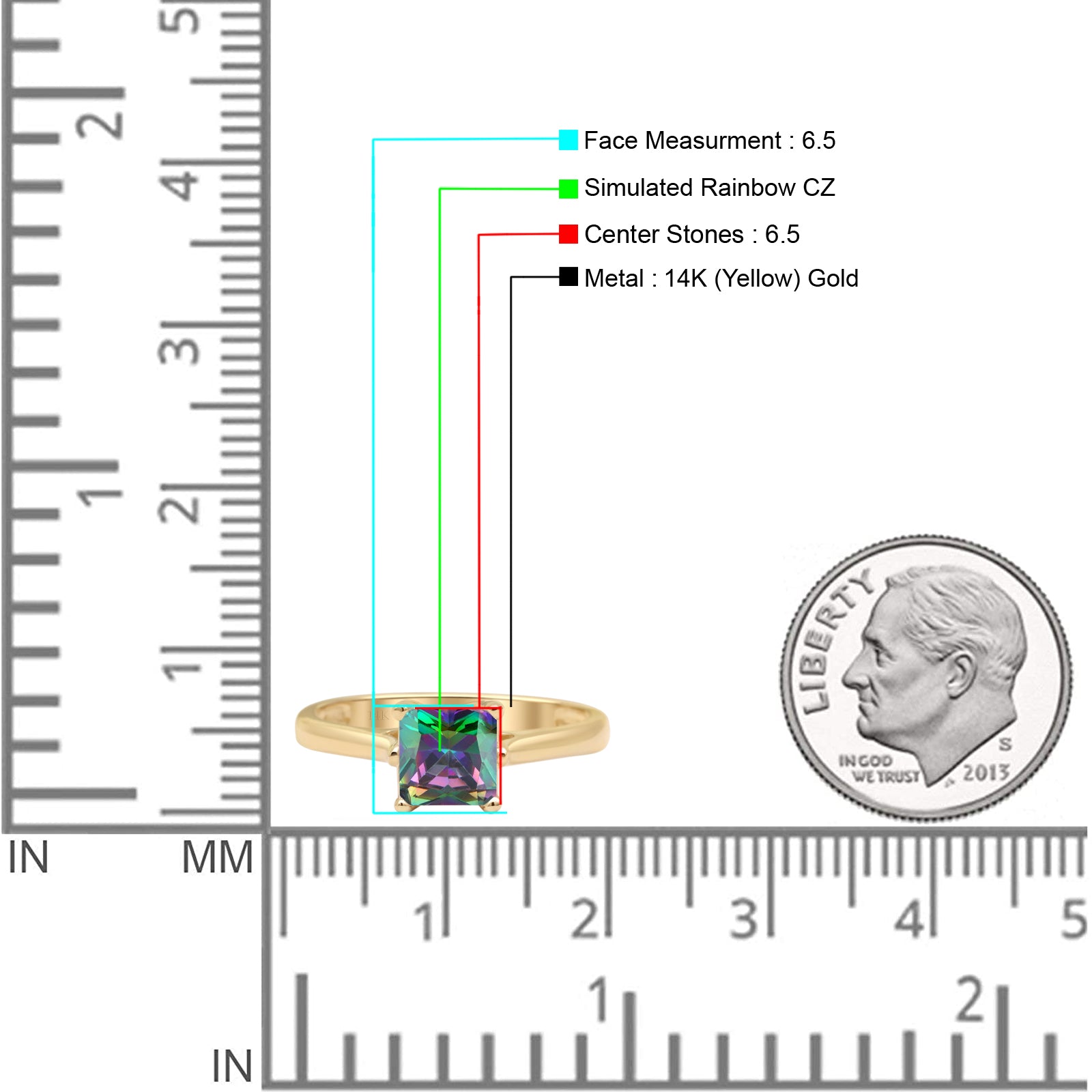14K Yellow Gold Princess Cut Rainbow CZ Solitaire Ring for Women - Sparkling Cubic Zirconia Engagement & Wedding Band - Perfect for Valentine's Day, Anniversary, or Proposal Gift