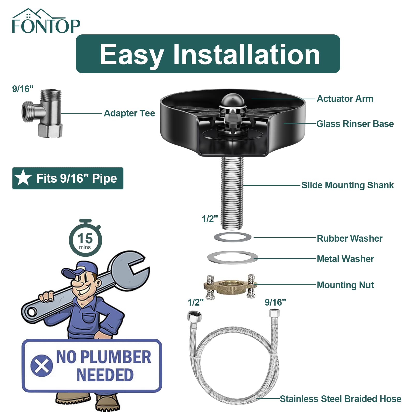 FONTOP 360° Rotating Glass Rinser Cup Washer - Stainless Steel Sink Faucet Attachment for Home Kitchen & Bar Countertop - Matte Black - Perfect for Cleaning Wine Glasses, Baby Bottles & Kitchen Utensils