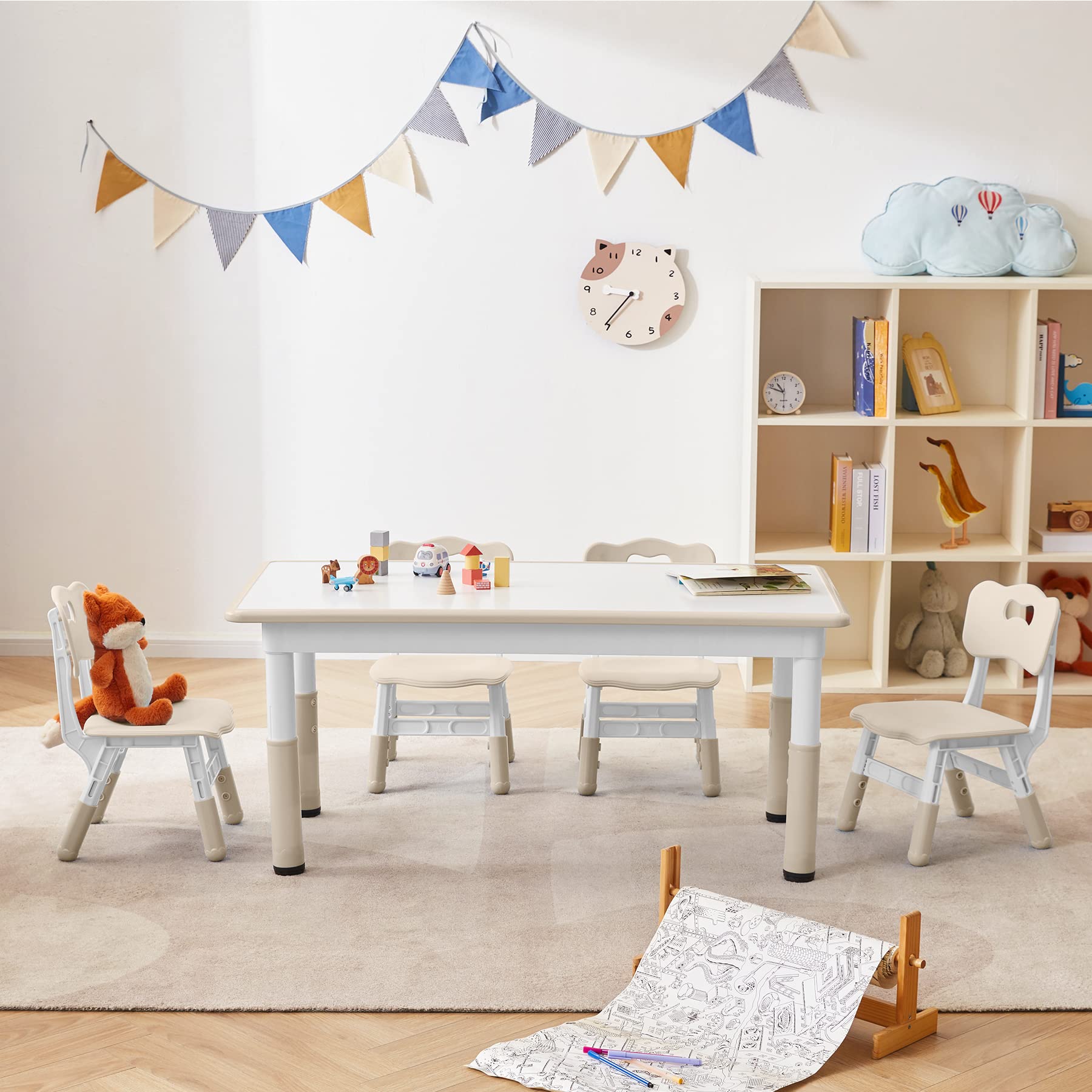 Kids Table and 4 Chairs Set - Adjustable Height Toddler Furniture for Ages 3-8 | Study Desk, Dining Table & Art Station with Graffiti Desktop | Perfect for Learning, Eating & Creative Play | Gift for Boys & Girls (Burlywood)