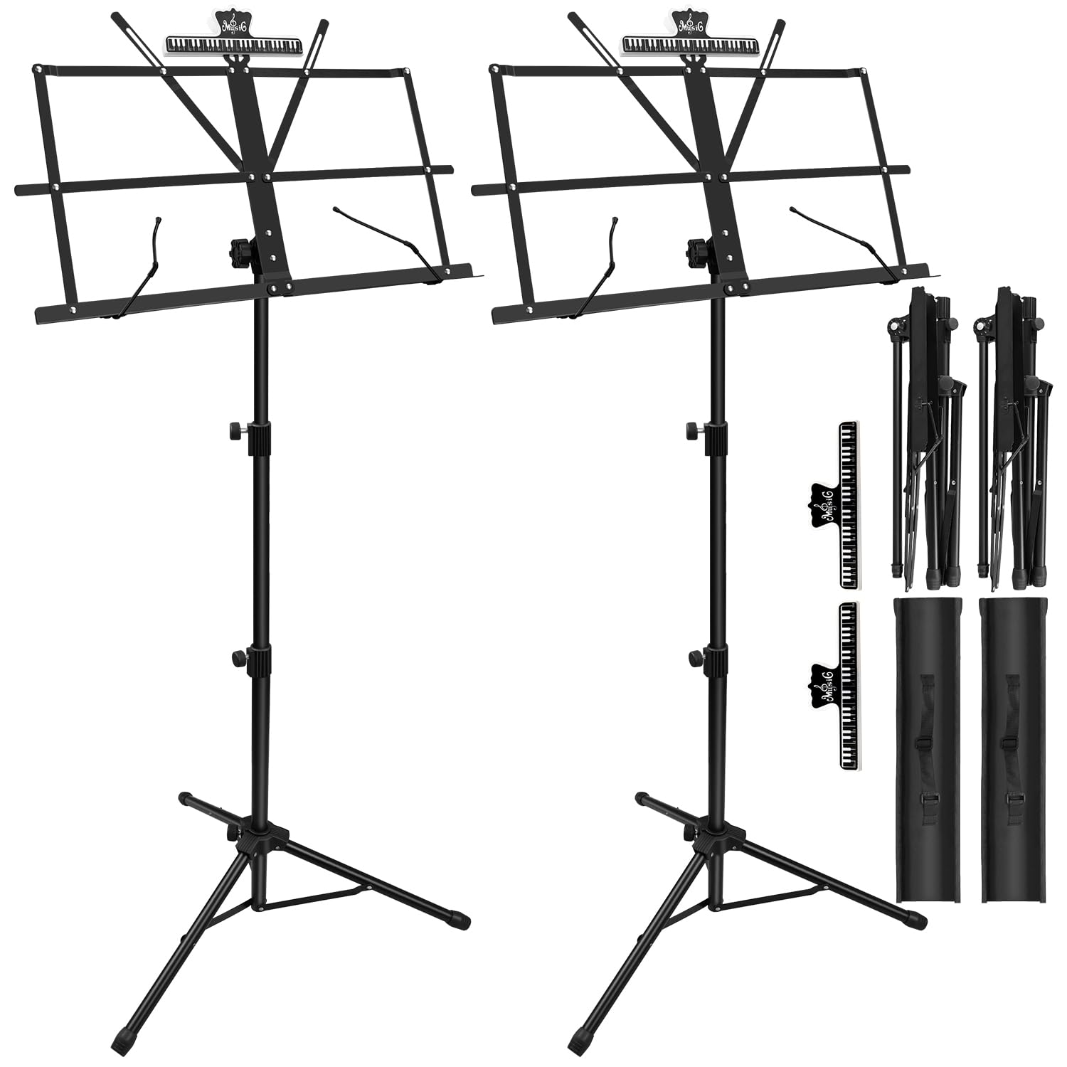 2 Pack Sheet Music Stand - Dual-Use Folding & Adjustable Desktop Book Stand with Sheet Clip Holder & Carrying Bag - Lightweight Portable for Piano, Violin, Guitar Practice & School Band Performances