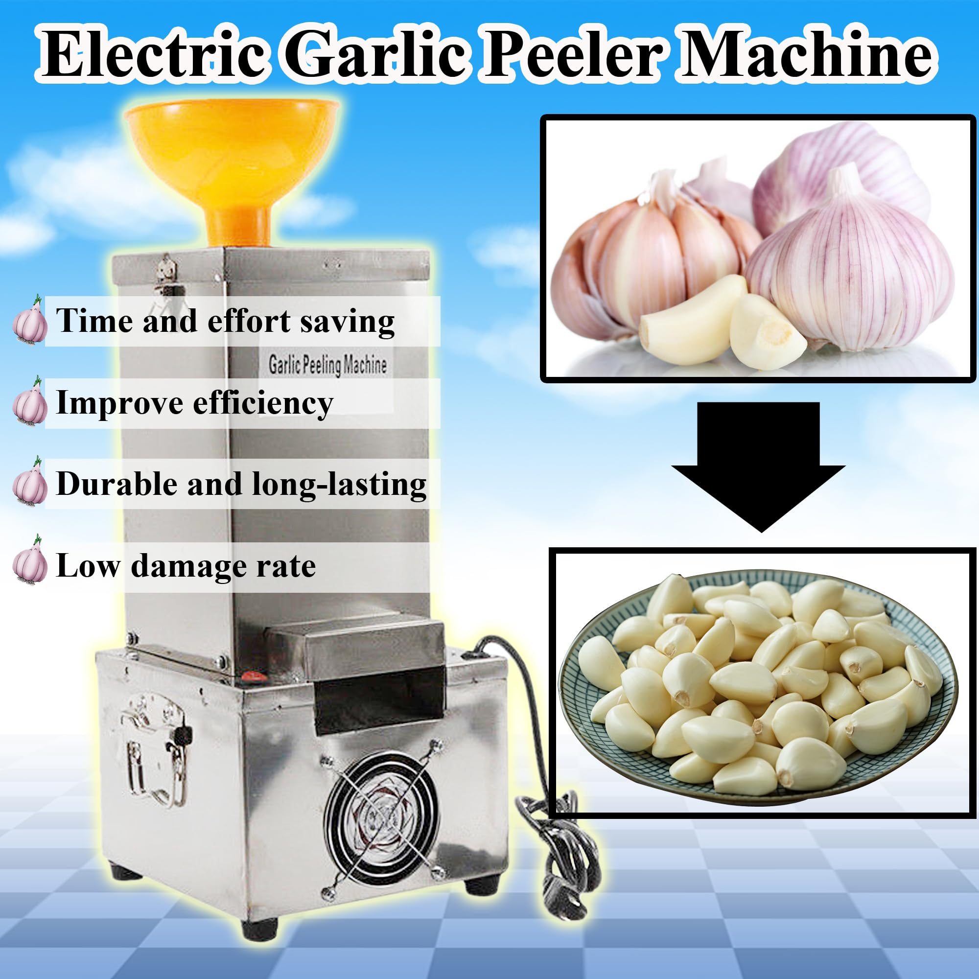 Electric Garlic Peeler Machine - Stainless Steel Commercial Automatic Garlic Peeling & Separator - 110V Garlic Processor for Kitchen, Restaurant, Hotel & Home Use - Perfect for Bulk Cooking, Meal Prep & Food Processing