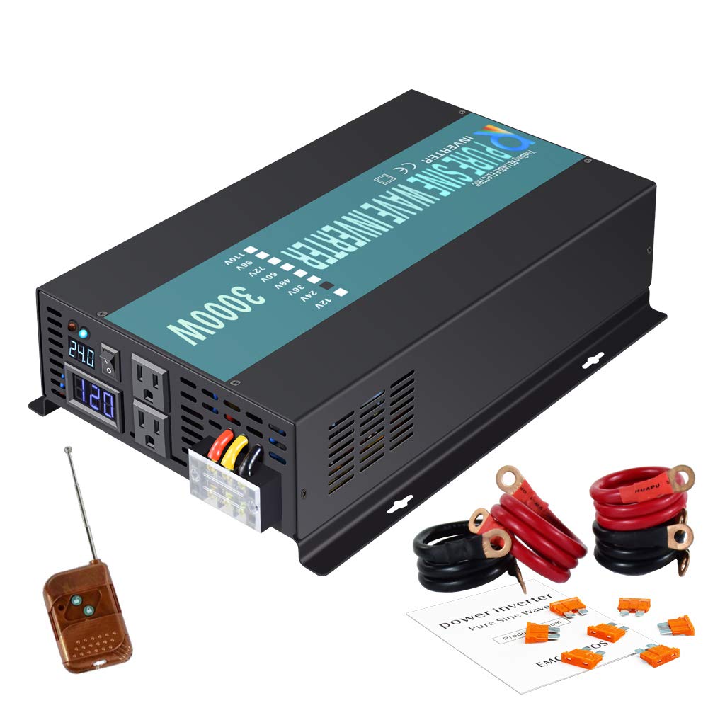 3000W 24V Pure Sine Wave Power Inverter with Remote Control - Solar Energy Converter for RV, Boat, Off-Grid Homes - 110V~120V AC Output for Appliances & Electronics