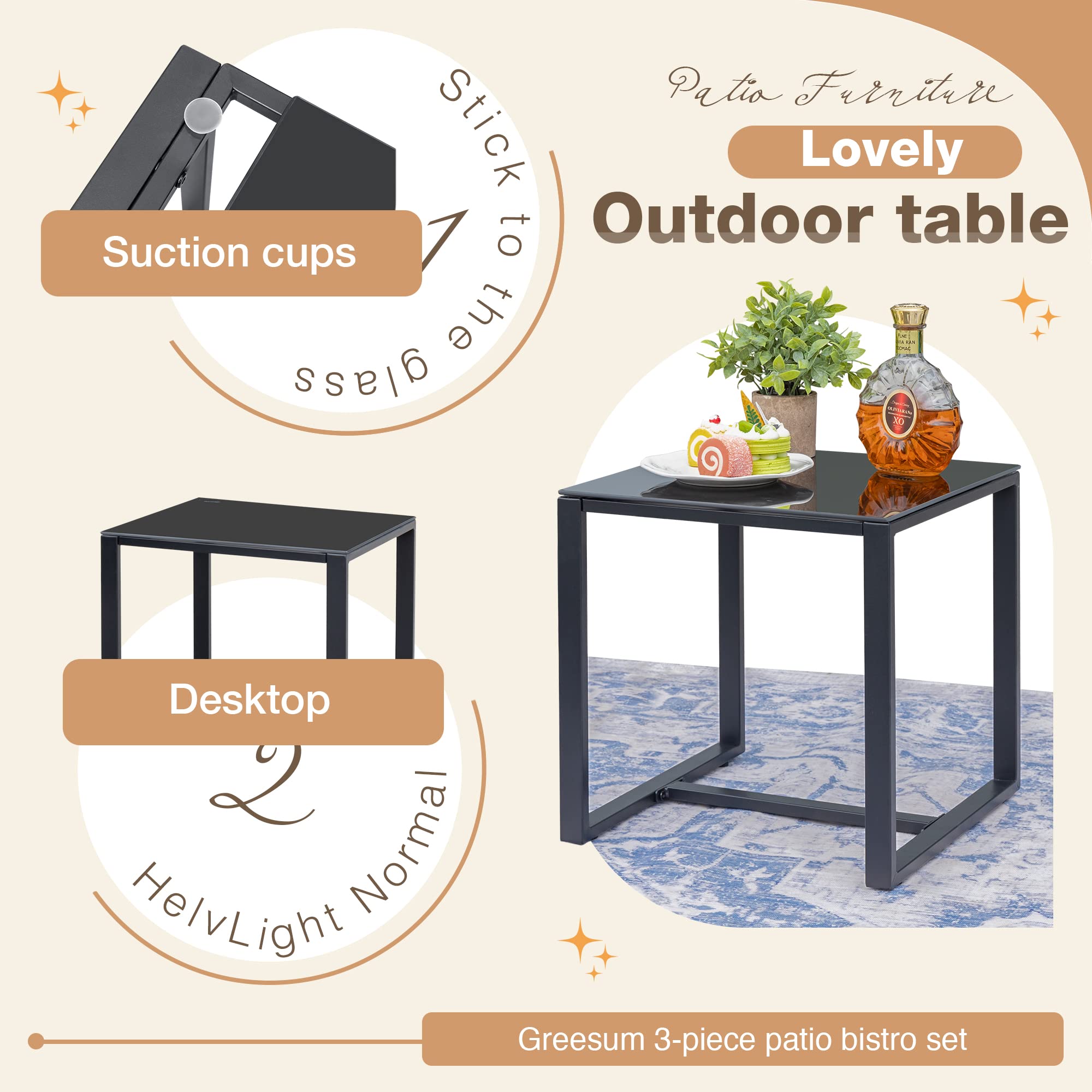 Greesum 3-Piece Outdoor Patio Furniture Set - Dark Black Bistro Rocking Chairs with Glass Coffee Table for Poolside, Beach, Backyard, Balcony, Porch & Garden Decor | Perfect for Relaxing, Entertaining & Outdoor Dining