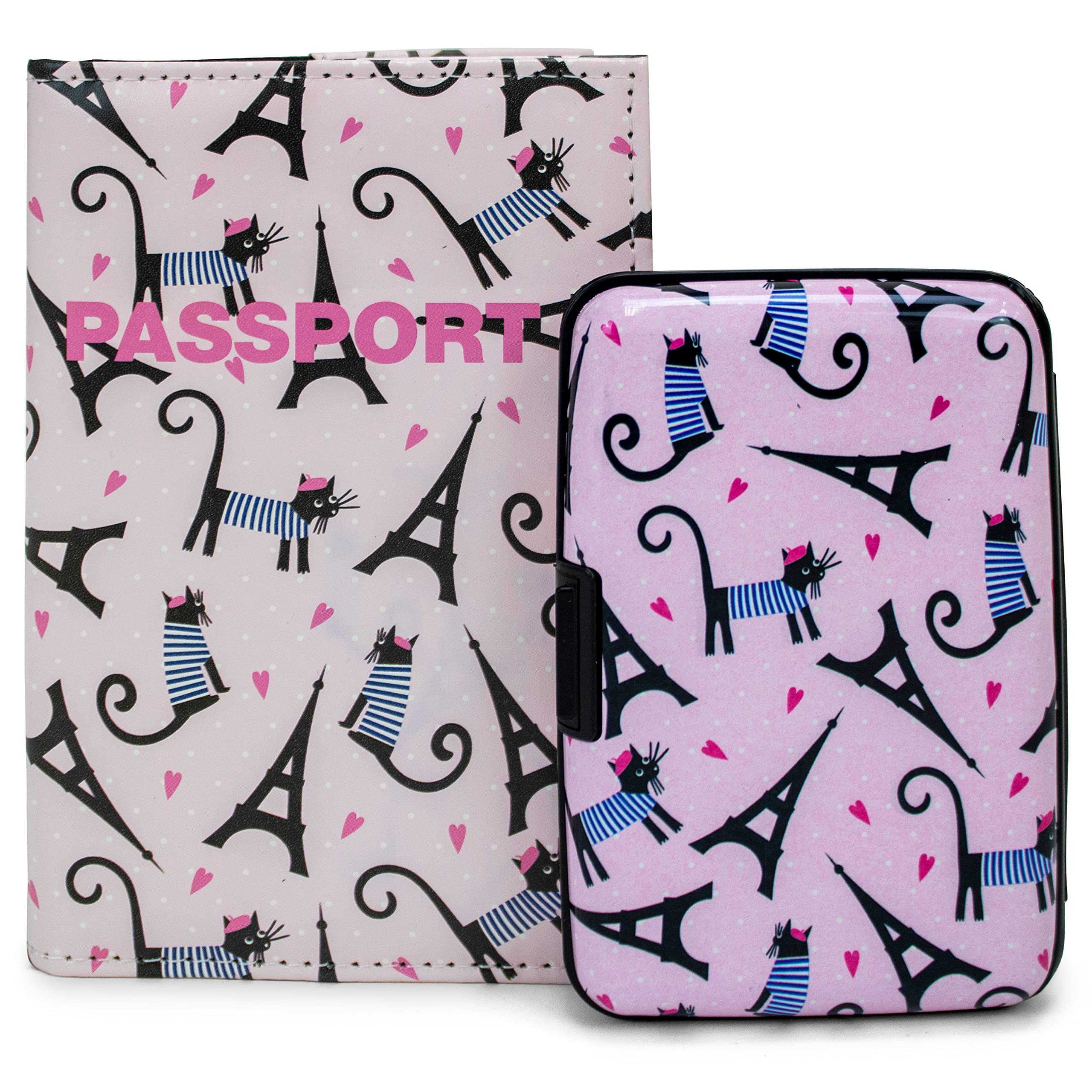 RFID Blocking Wallet and Passport Holder Set with French Cat Design - Secure Travel Essentials for Women & Men | Perfect for International Trips, Airports, and Daily Use
