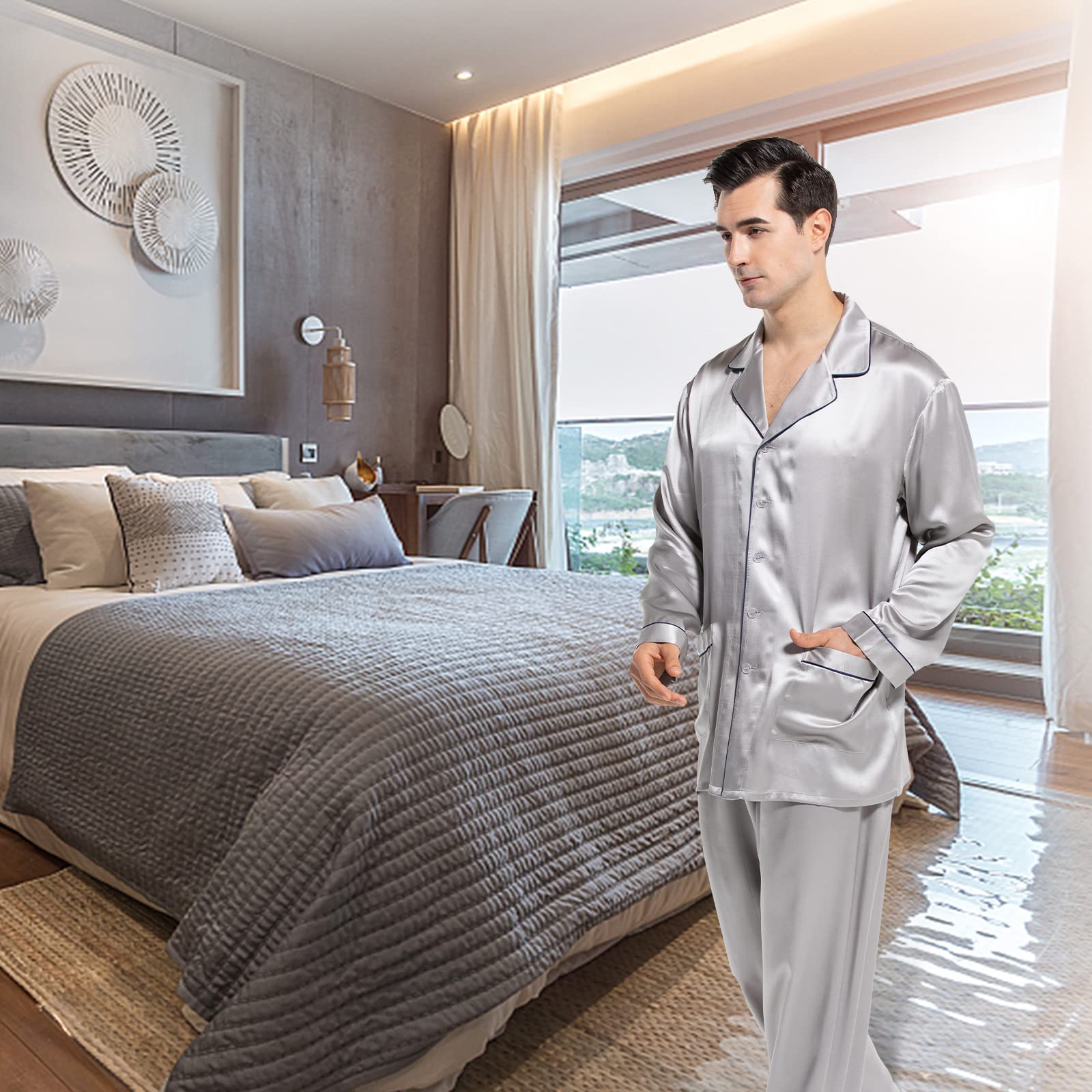 Luxury Men's Silk Pajamas Set - 2PC Long Sleeve Button Down Sleepwear for Men | Soft & Comfortable Silk Pajamas for Lounge, Sleep & Relaxation at Home