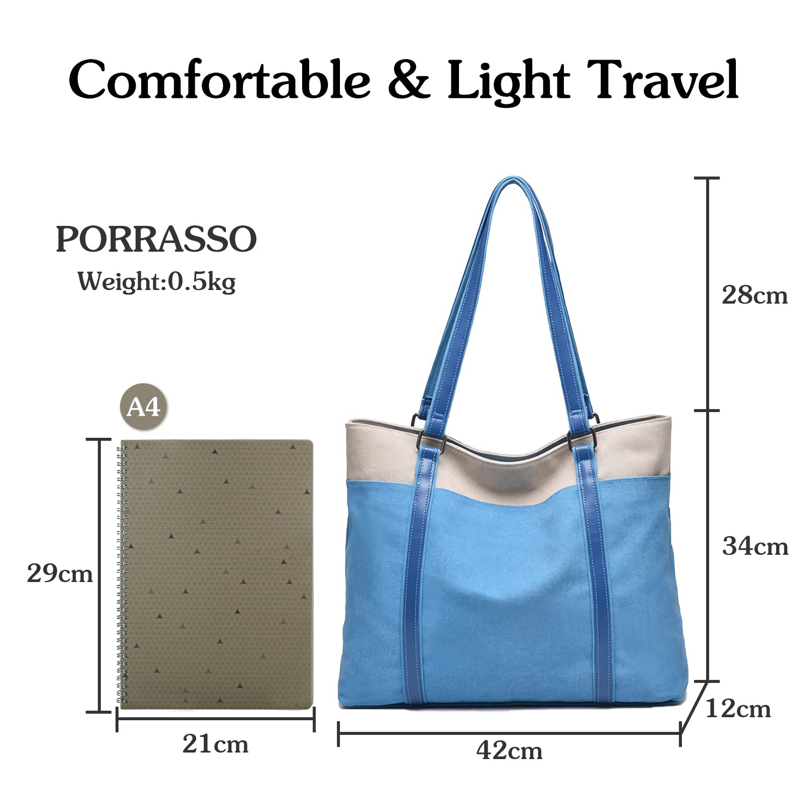 PORRASSO Women's Large Canvas Tote Bag - Stylish Casual Shoulder Handbag with Top Handle for Work, Travel & Everyday Use