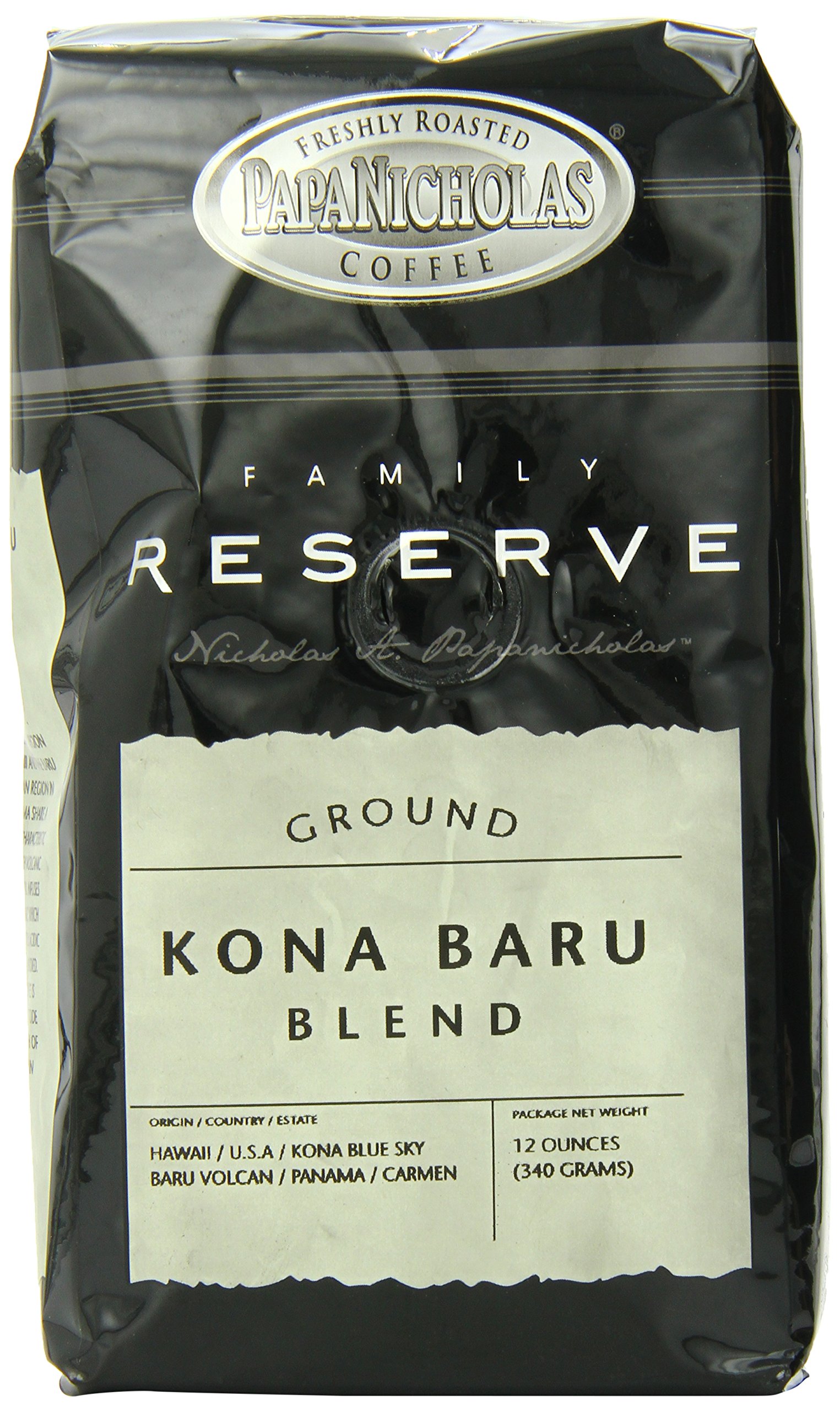 PapaNicholas Premium Ground Coffee - Family Reserve Kona Baru Blend, 12oz Bag | 100% Arabica Beans for Rich Flavor | Perfect for Home Brewing, Office Use & Gifts