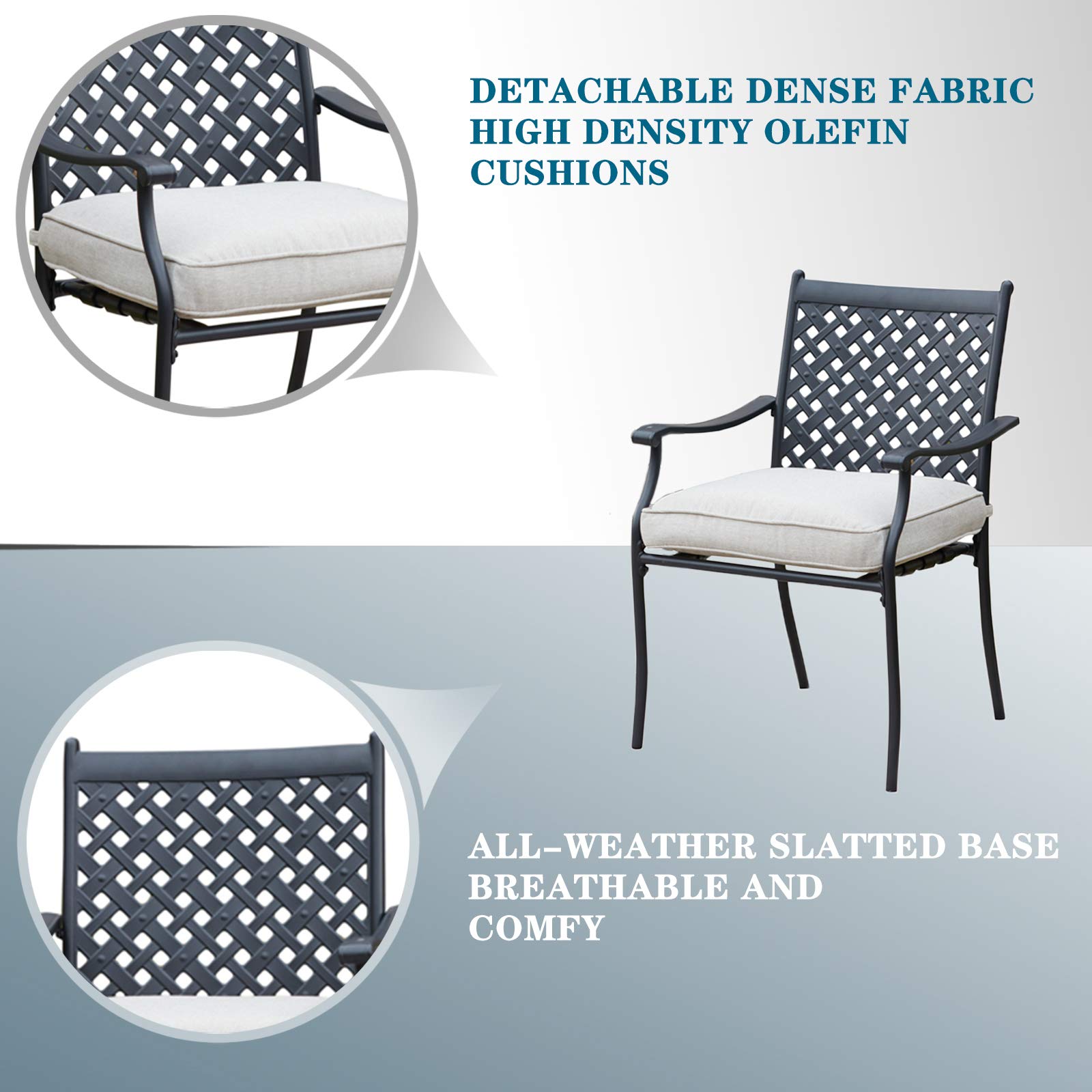 5-Piece Outdoor Patio Dining Set with 4 Armchairs, Cushions & Round Black Table - Wrought Iron Furniture for Deck, Lawn, Poolside (Grey) | Includes 2.04