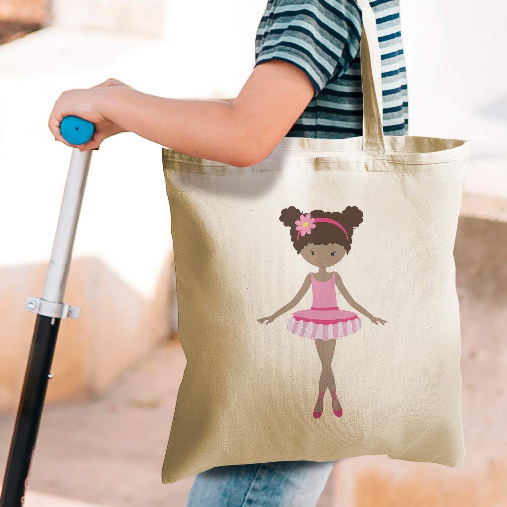 Custom Canvas Tote Bag - Reusable Eco-Friendly Shopping Bag with Ballerina Dance & Flower Design - Brown Hair Girly Ballet Beach Bag for Kids - Perfect for Dance Classes, Grocery Shopping & Beach Outings