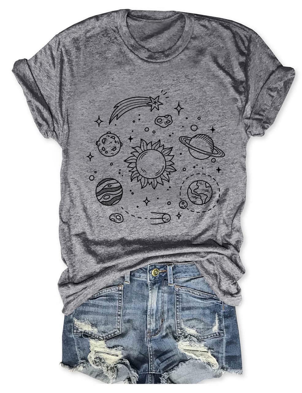 Women's Solar System Graphic T-Shirt - Space Planets Design, Casual Loose Fit Short Sleeve Summer Top | Perfect for Astronomy Lovers, Science Classroom, Space-Themed Parties & Everyday Wear