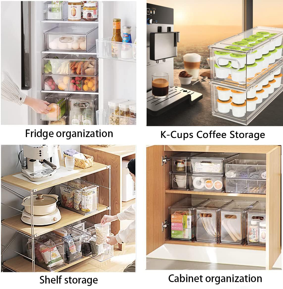 Clear Stackable Refrigerator Drawer Organizer Bins with Handles & Dividers - 4 Pack Plastic Food Storage Containers for Pantry, Cabinet, Kitchen | Perfect for Fruits, Vegetables, Meal Prep & Closet Organization