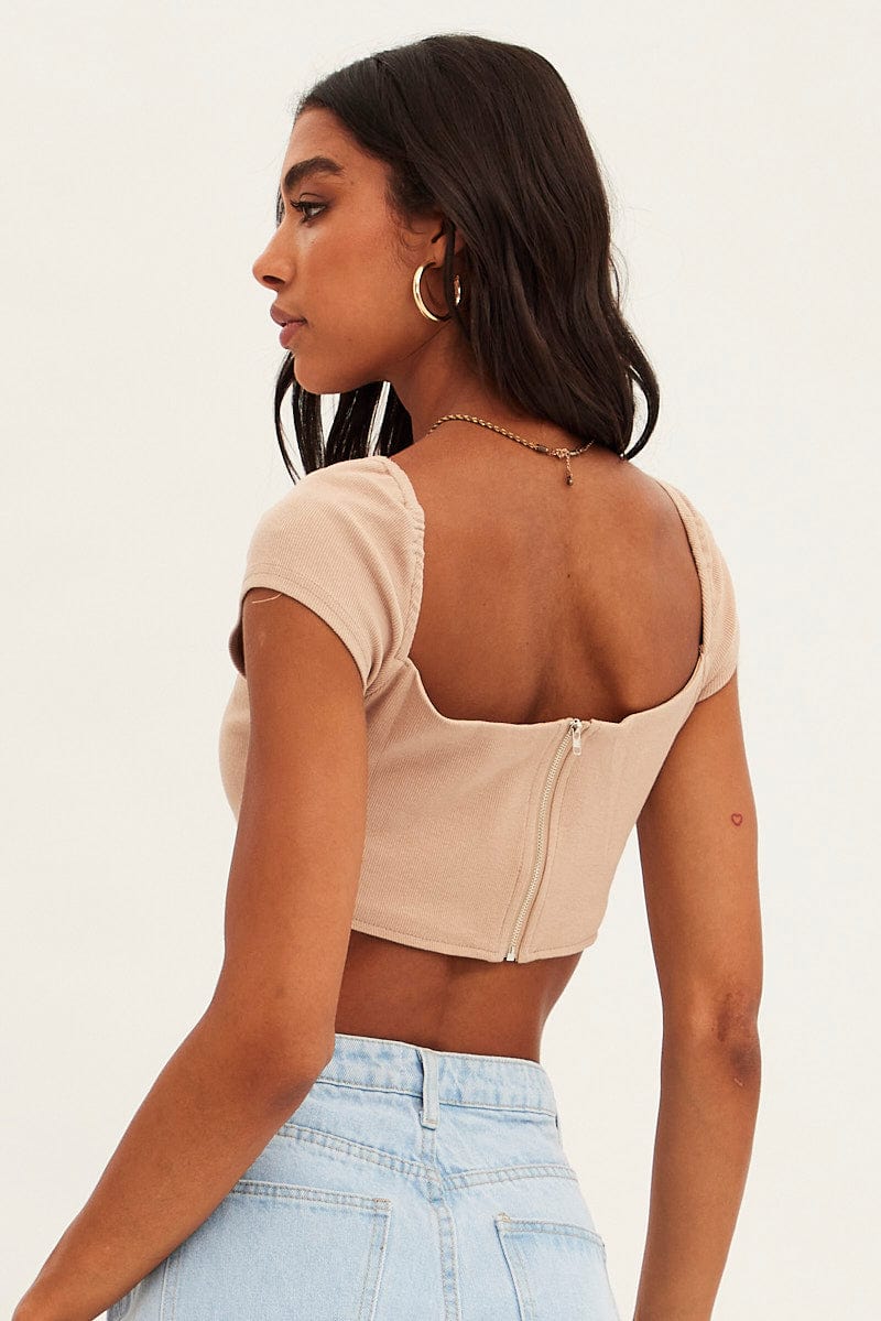 Beige Corset Crop Top Short Sleeve Square Neck Women's Fashion Top for Casual Wear, Date Night & Summer Outfits