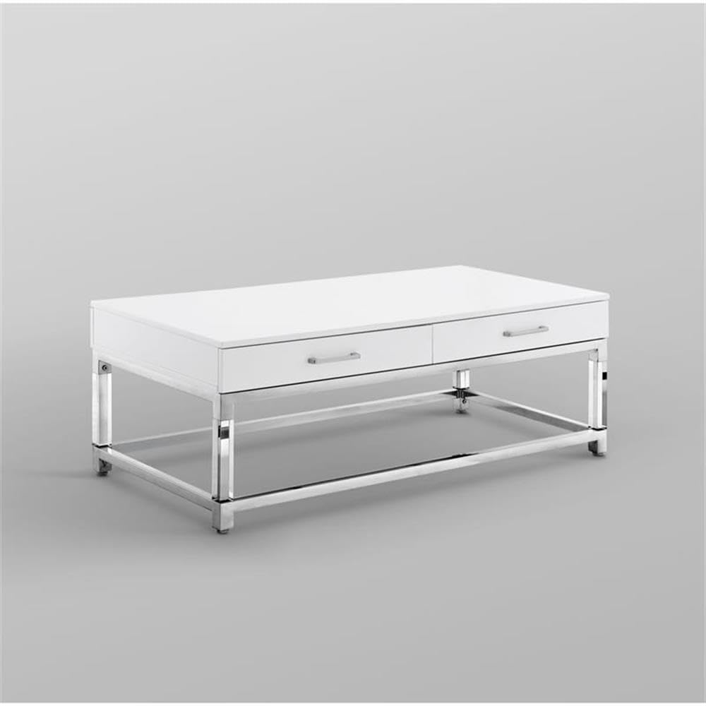 White/Chrome Metal Coffee Table with Acrylic Legs - Living Room Decor