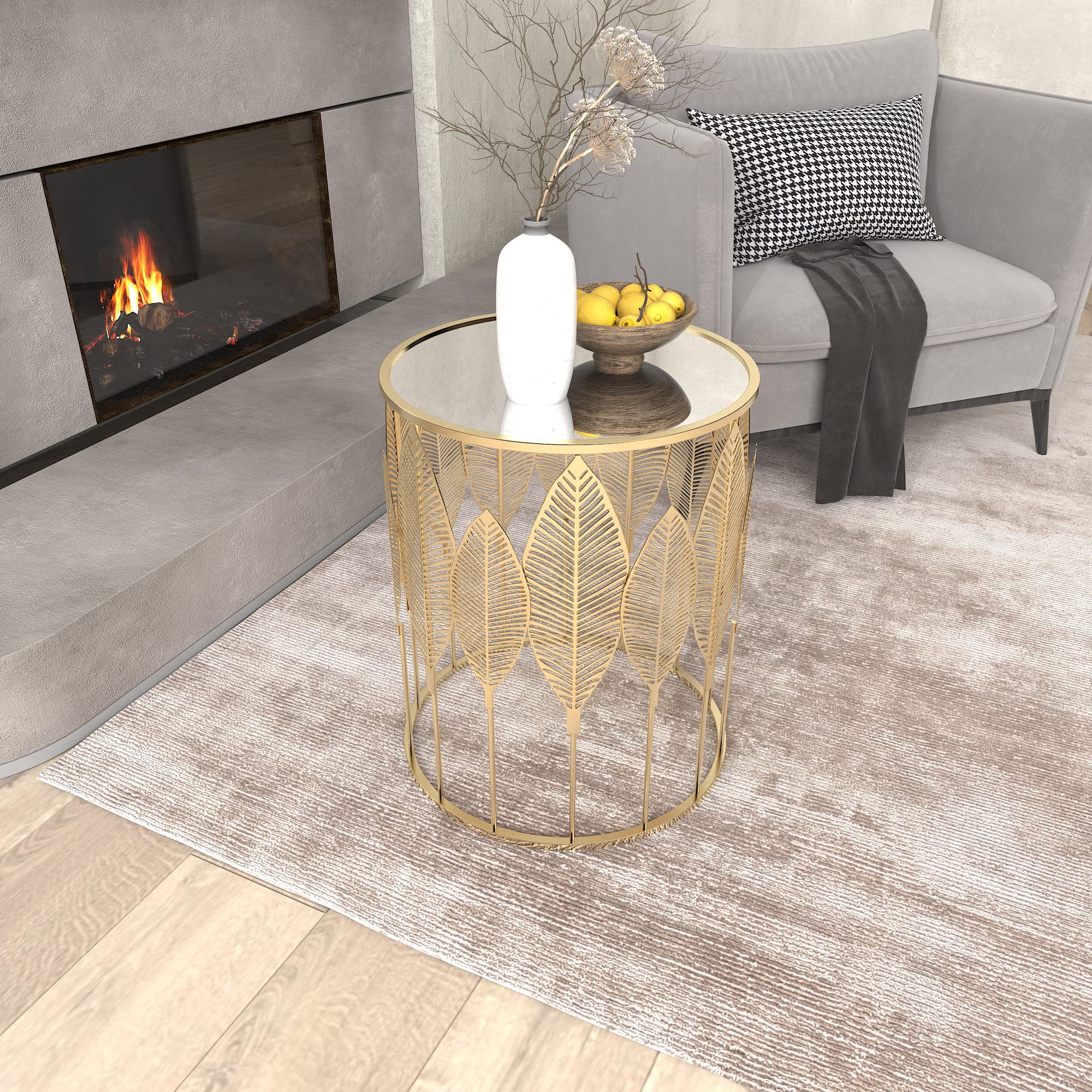Adeco Set of 2 Round Metal Side Tables - Gold Leaf Nightstands & Coffee Plant Stand for Living Room, Bedroom | Decorative End Tables & Nesting Tables for Small Spaces