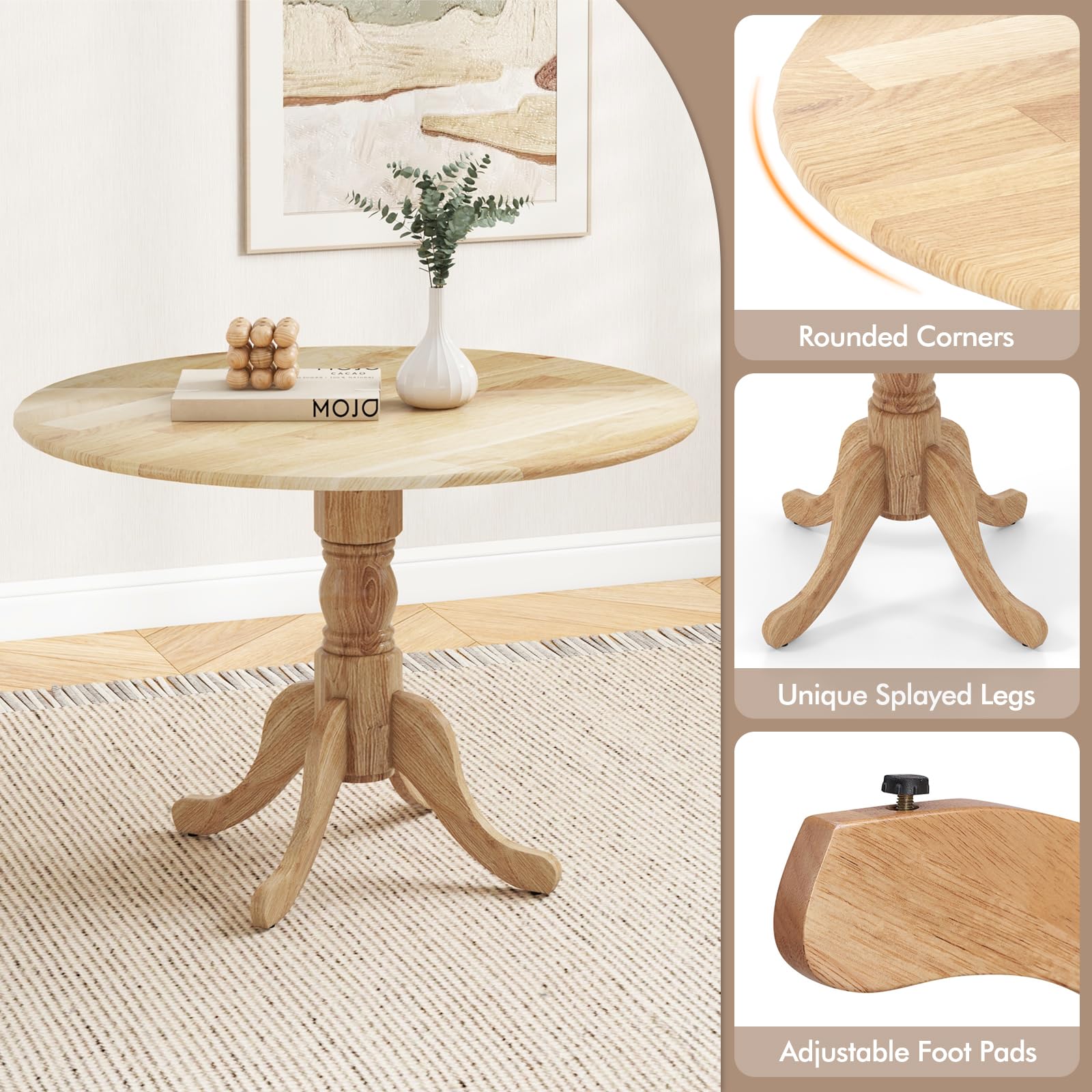 GOFLAME 40-Inch Round Wooden Dining Table for 4 People with Curved Trestle Legs - Natural Finish Kitchen & Dining Room Table for Home, Restaurant, and Living Room - Perfect for Family Meals, Dinner Parties, and Small Space Dining