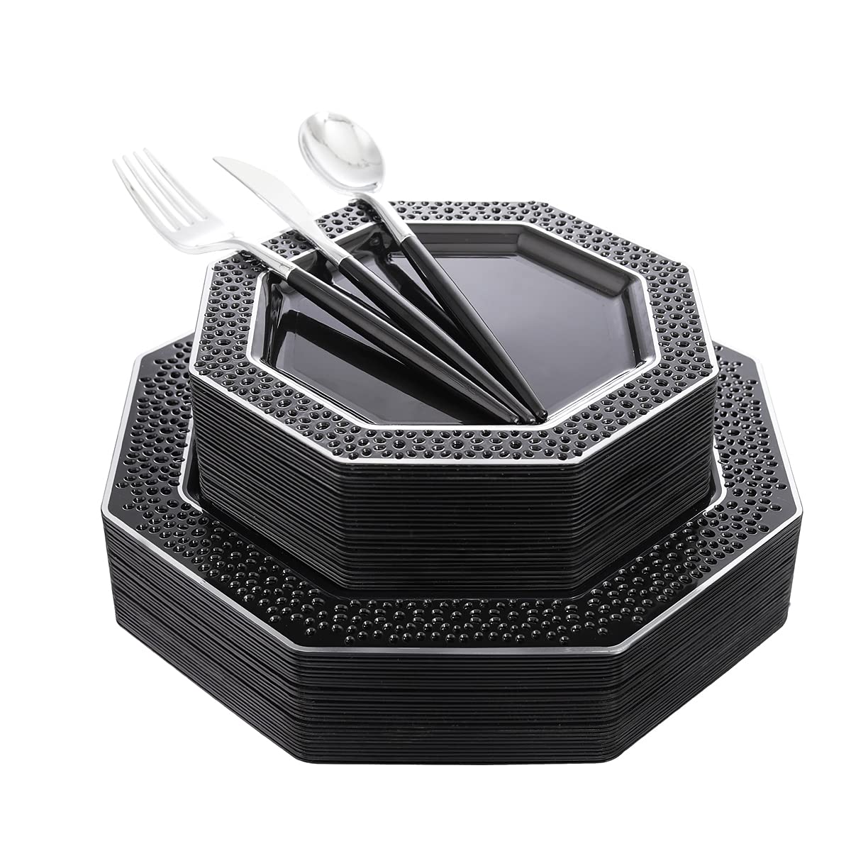 WELLIFE 150-Piece Halloween Party Tableware Set - 30 Black Plastic Dinner Plates, 30 Dessert Plates & 90 Disposable Silver Cutlery with Black Handles | Spooky Dinnerware for Halloween Parties, Trick or Treat Events & Themed Decorations